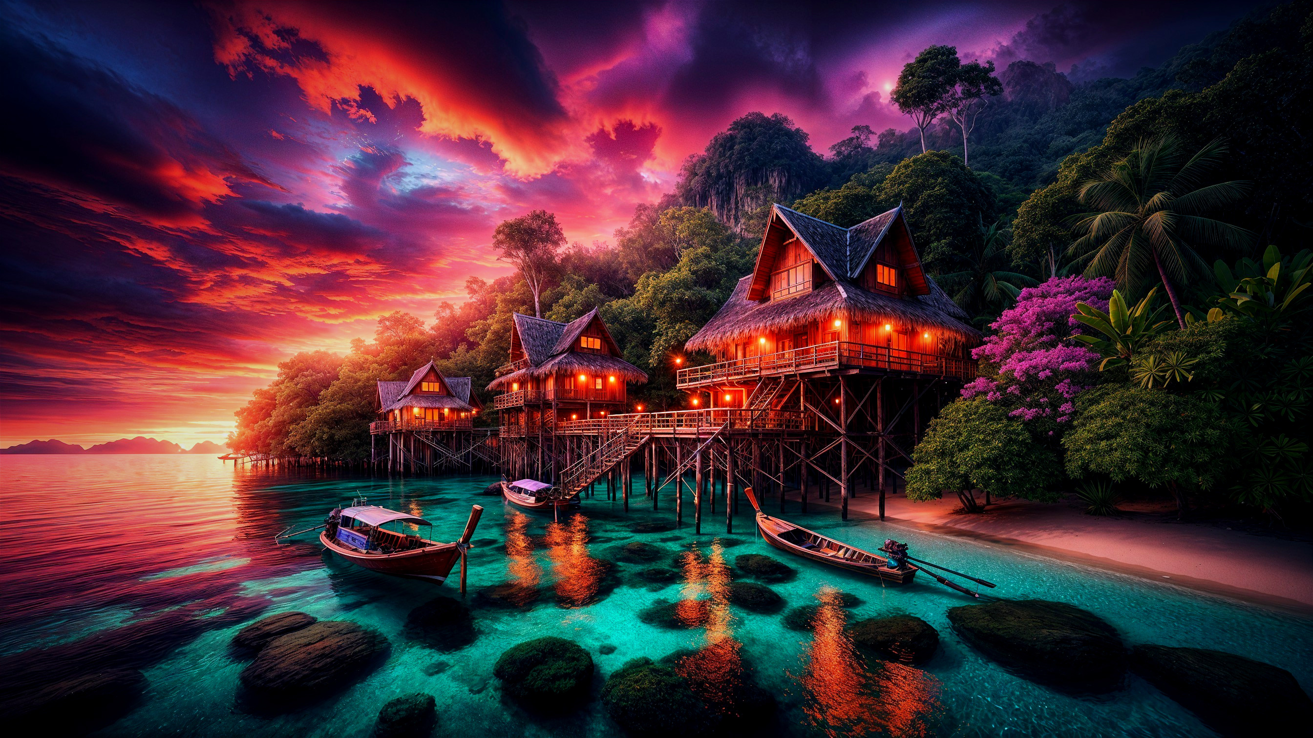 Stunning Sunset Over Serene Beach with Stilt Houses