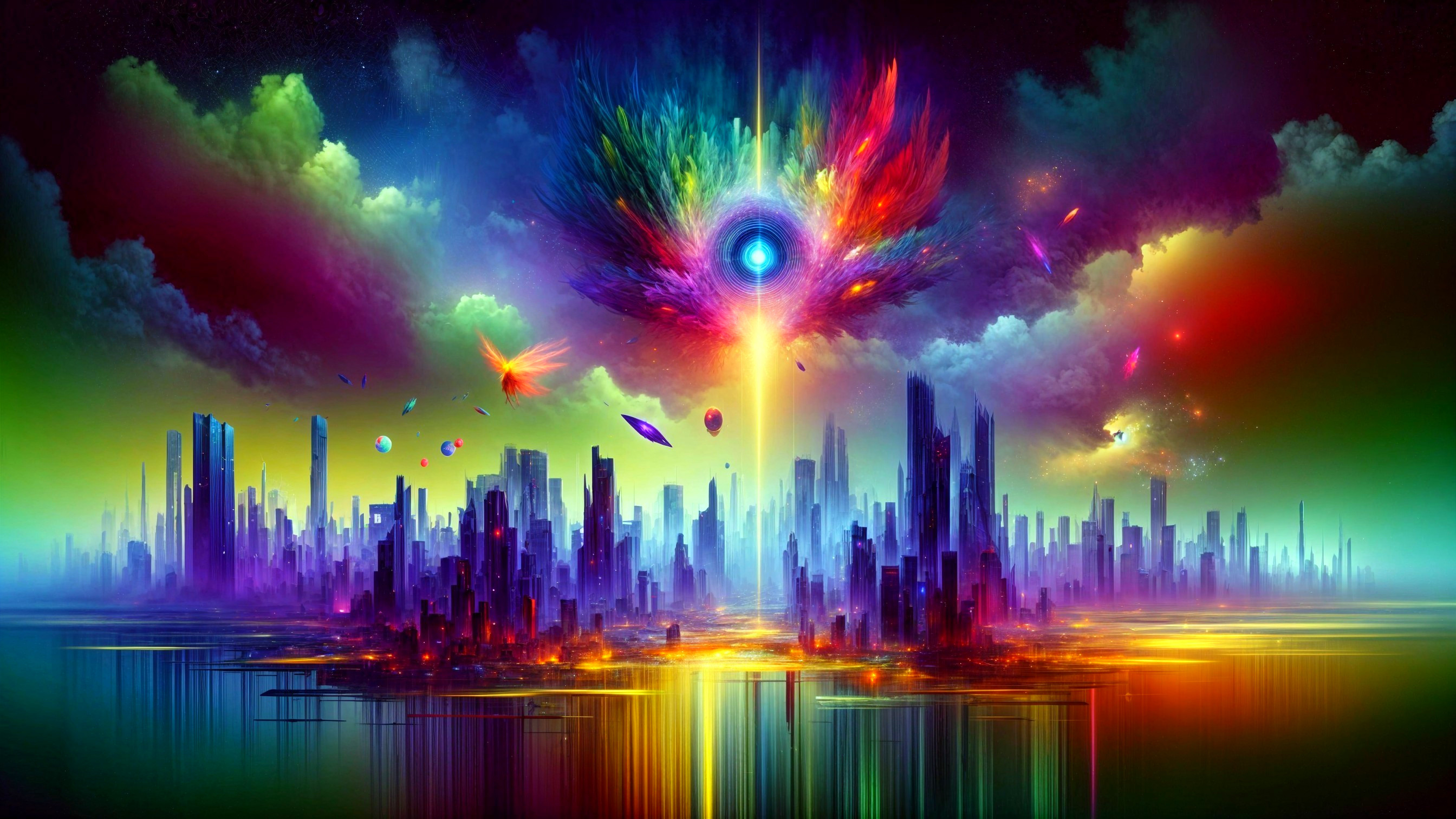 Futuristic cityscape with luminous colors and reflections