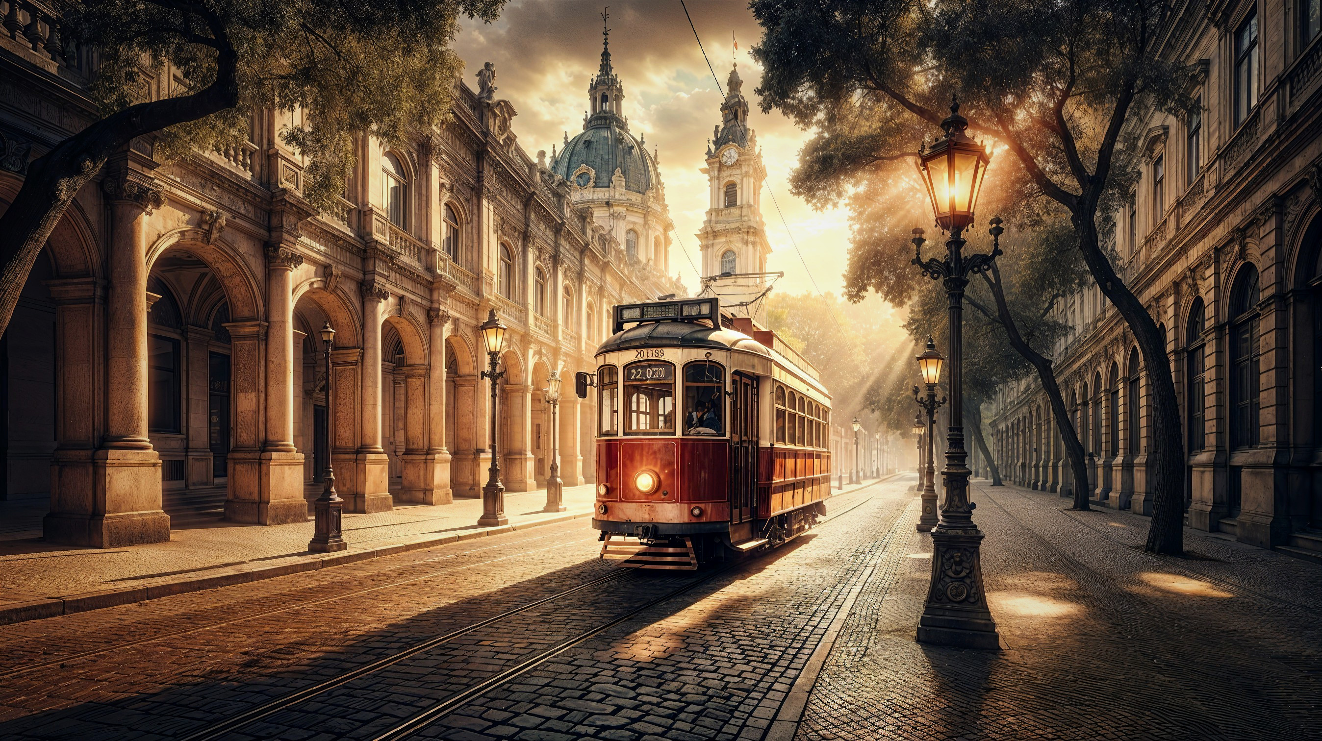 Vintage Tram on Cobblestone Street with Historic Buildings
