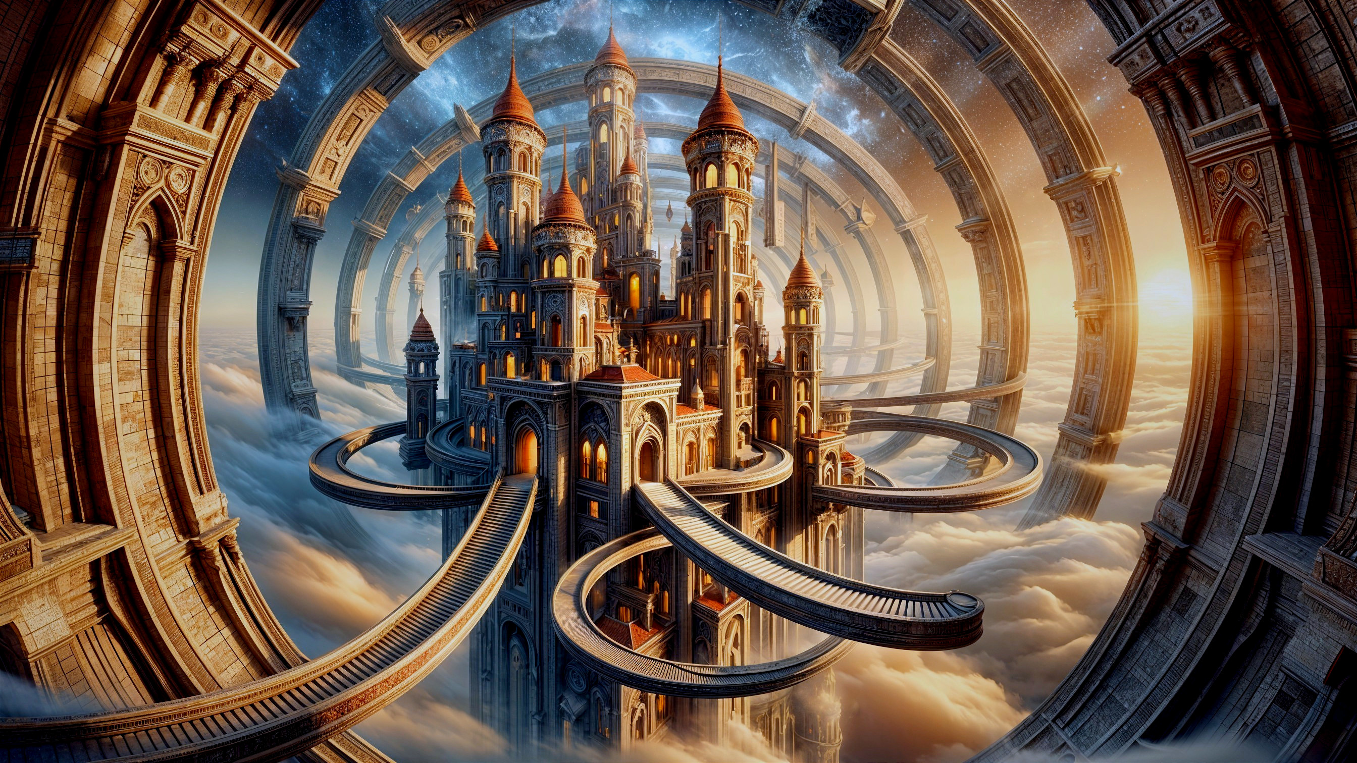 Majestic castle above clouds with intricate structures