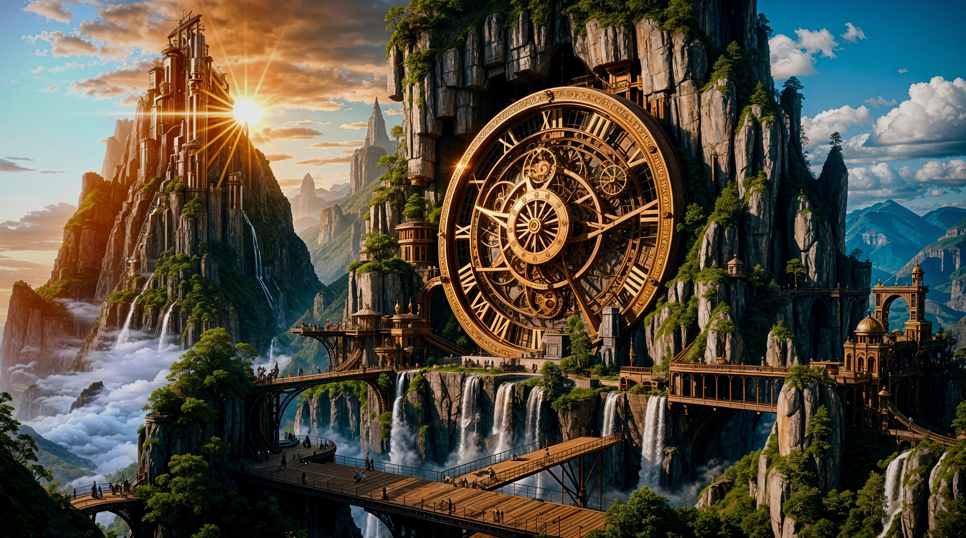 Majestic Landscape with Clock and Waterfalls