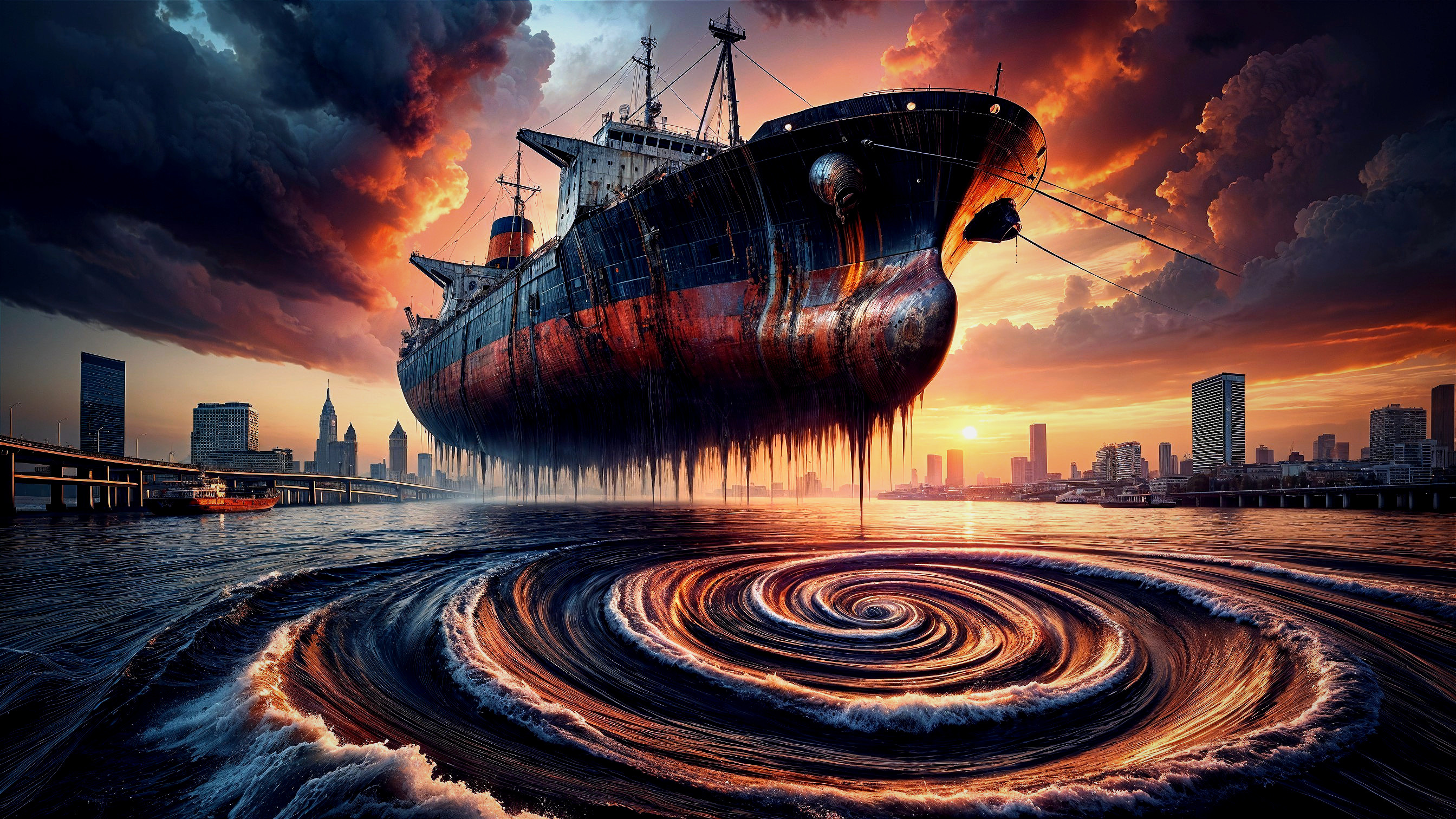 Massive Ship Above Vortex with Dramatic Sky and Skyline