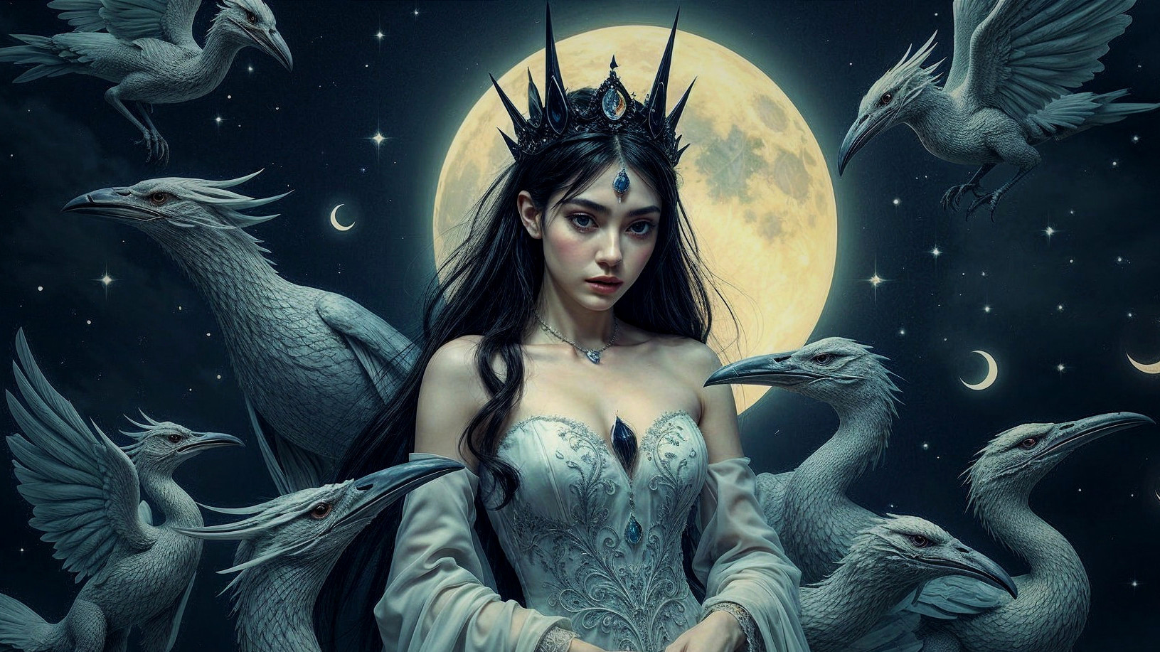 Mystical Scene of Woman in Gown with Moonlit Creatures