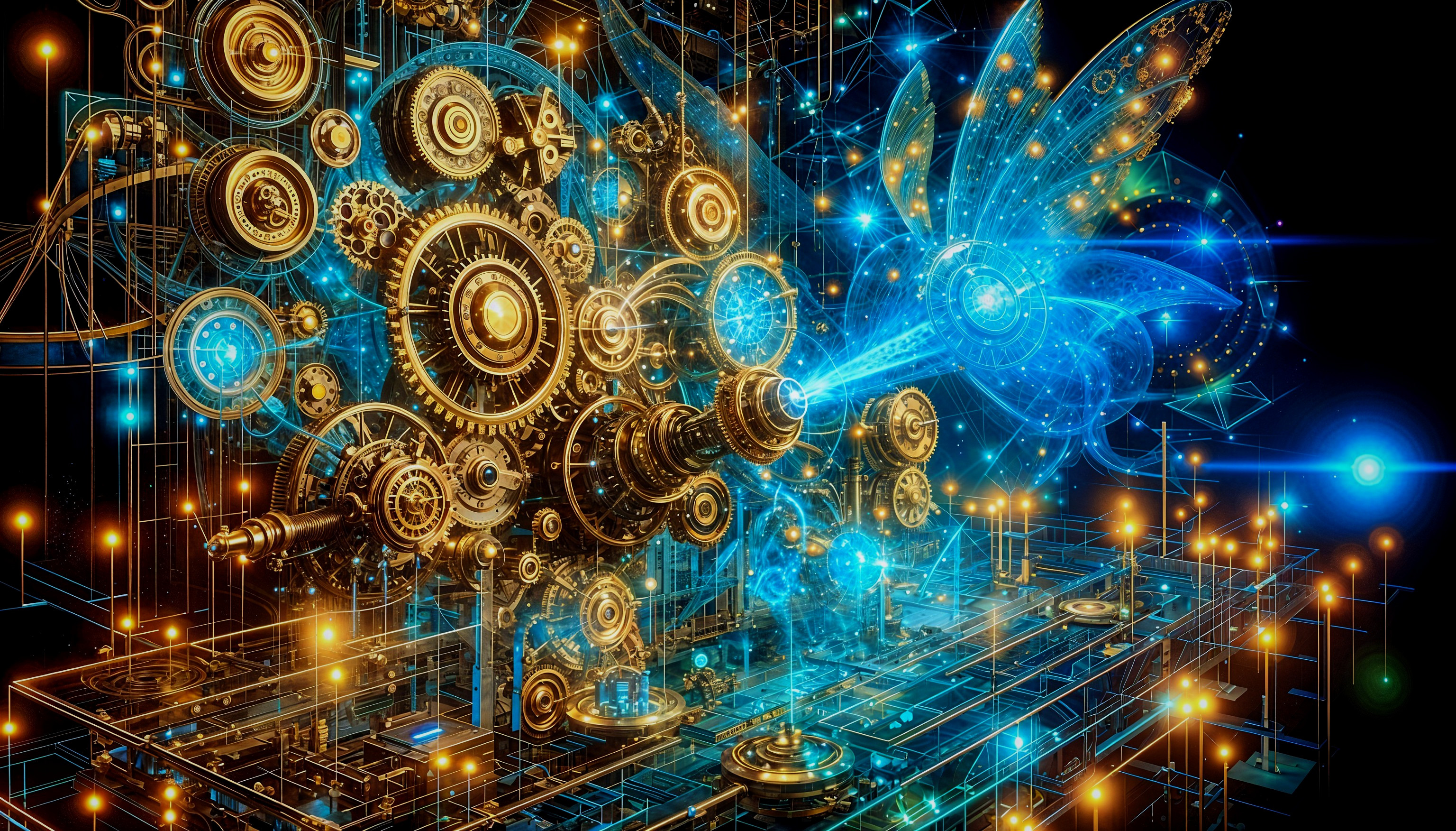 Steampunk Scene with Gears and Luminous Patterns