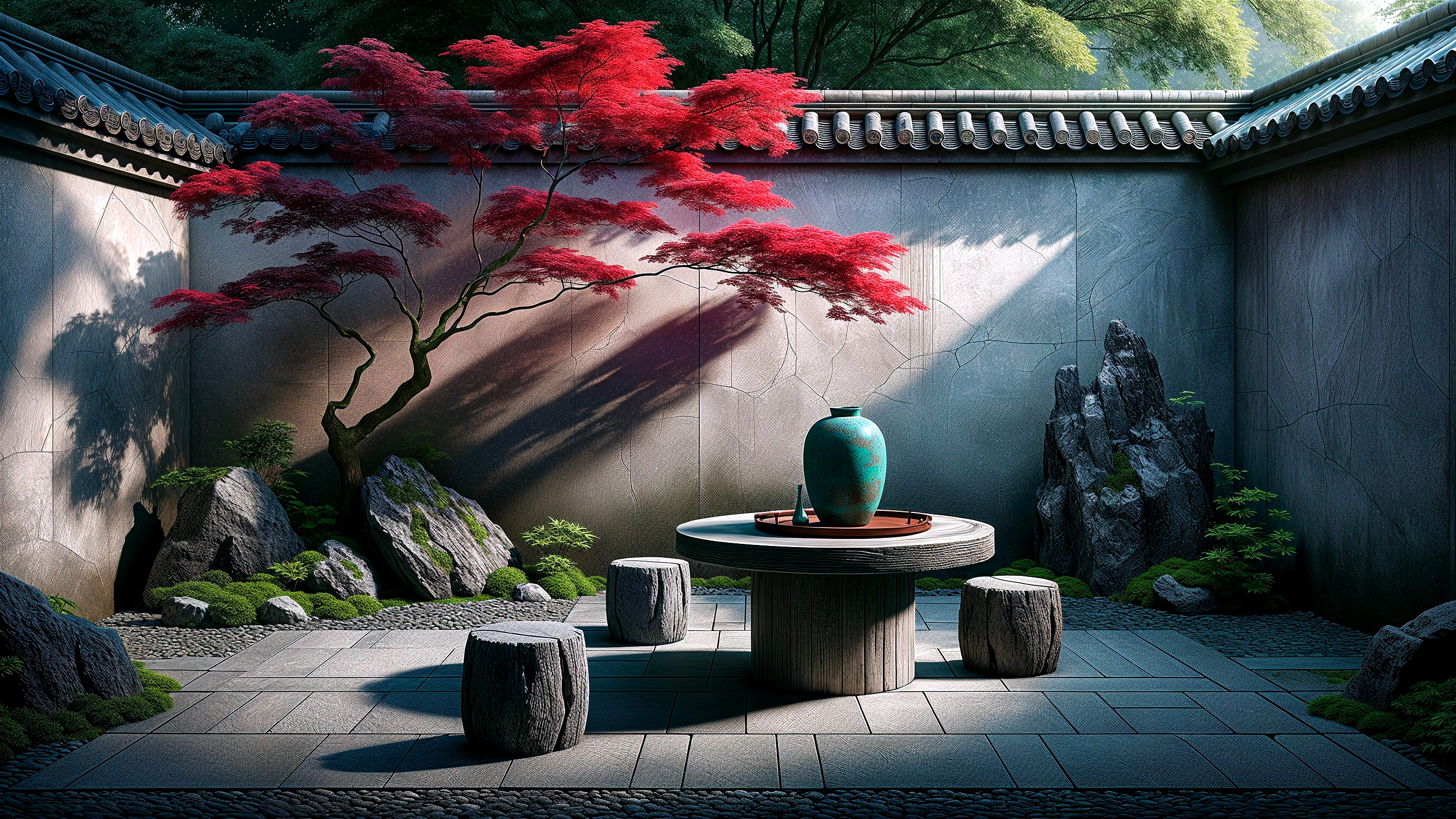 Tranquil Zen Garden with Maple Tree and Stone Table