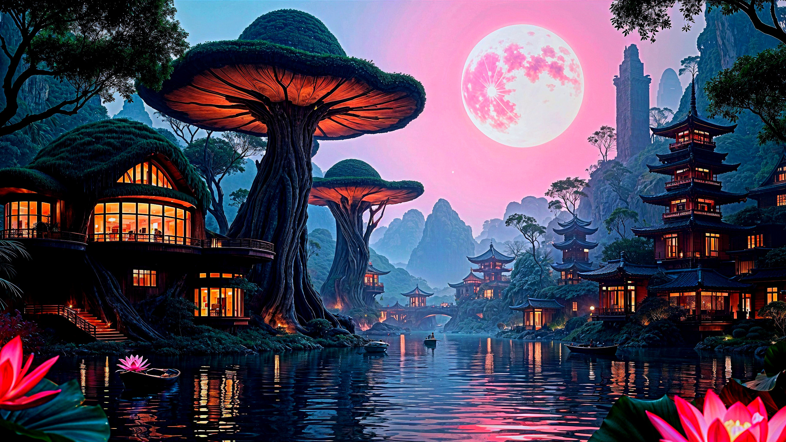 Serene Landscape with Mushroom Trees and Asian Architecture