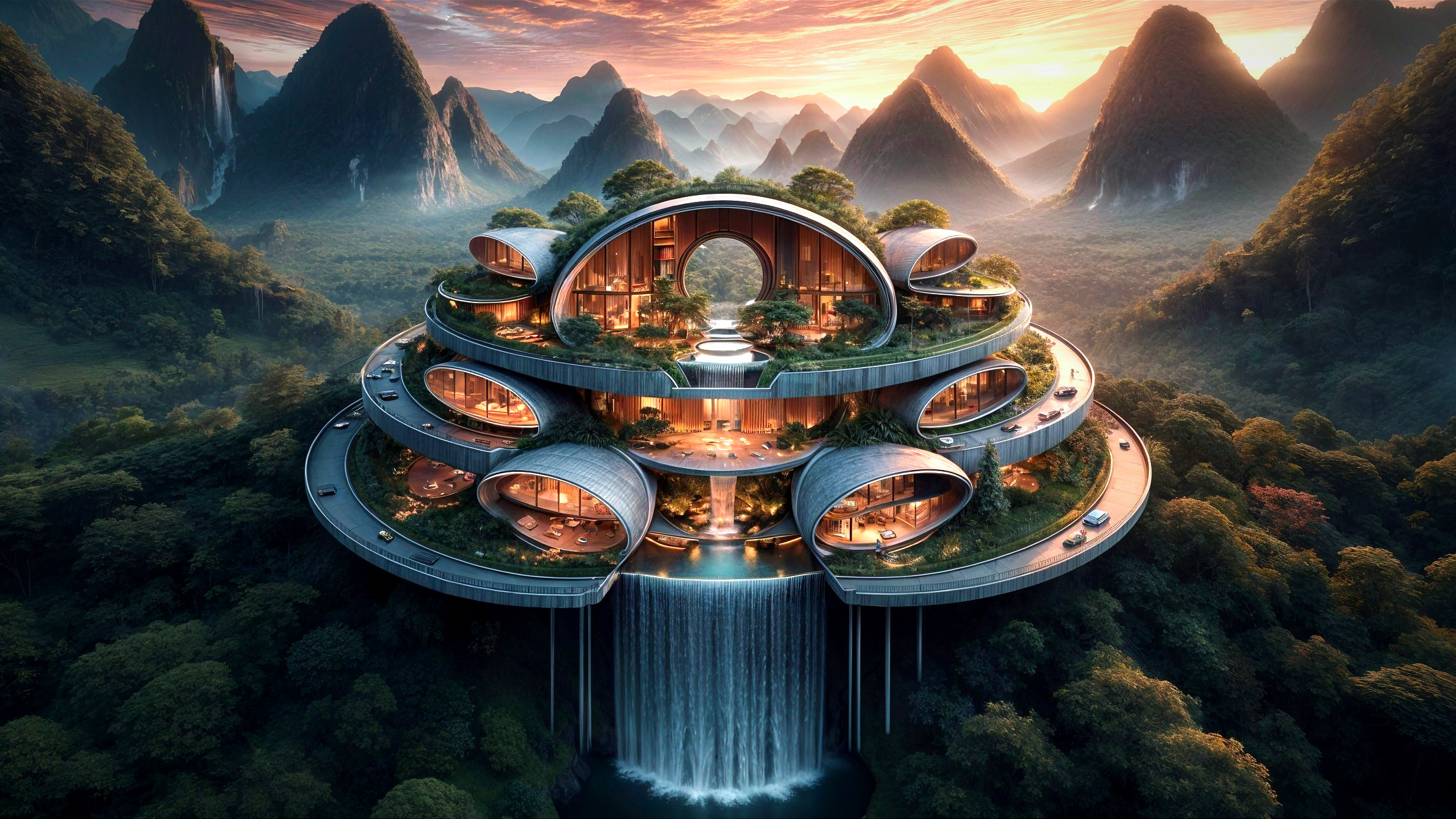 Futuristic Multi-Tiered Structure in Mountain Landscape