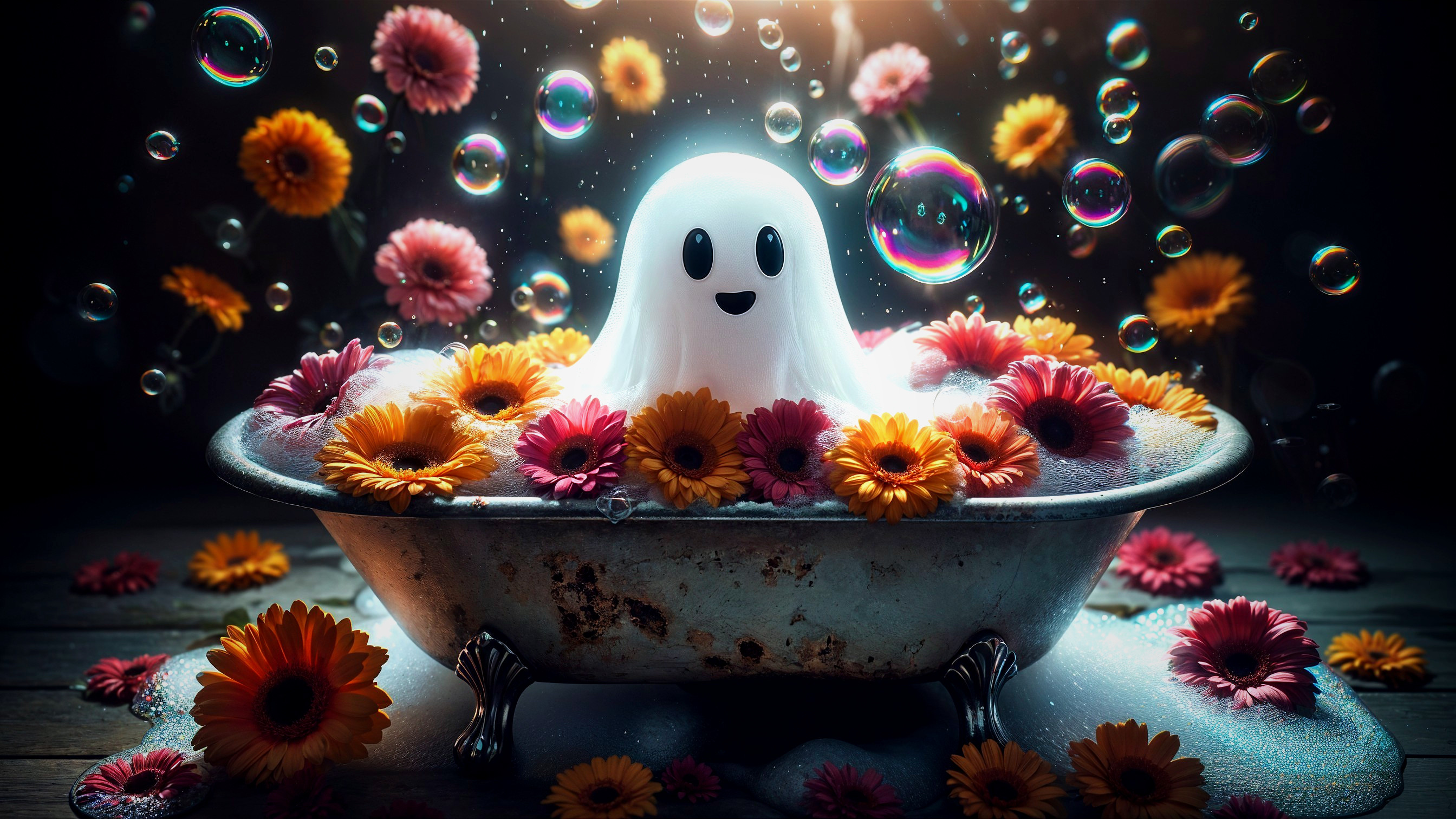 Whimsical Ghost in Flower-Filled Vintage Bathtub
