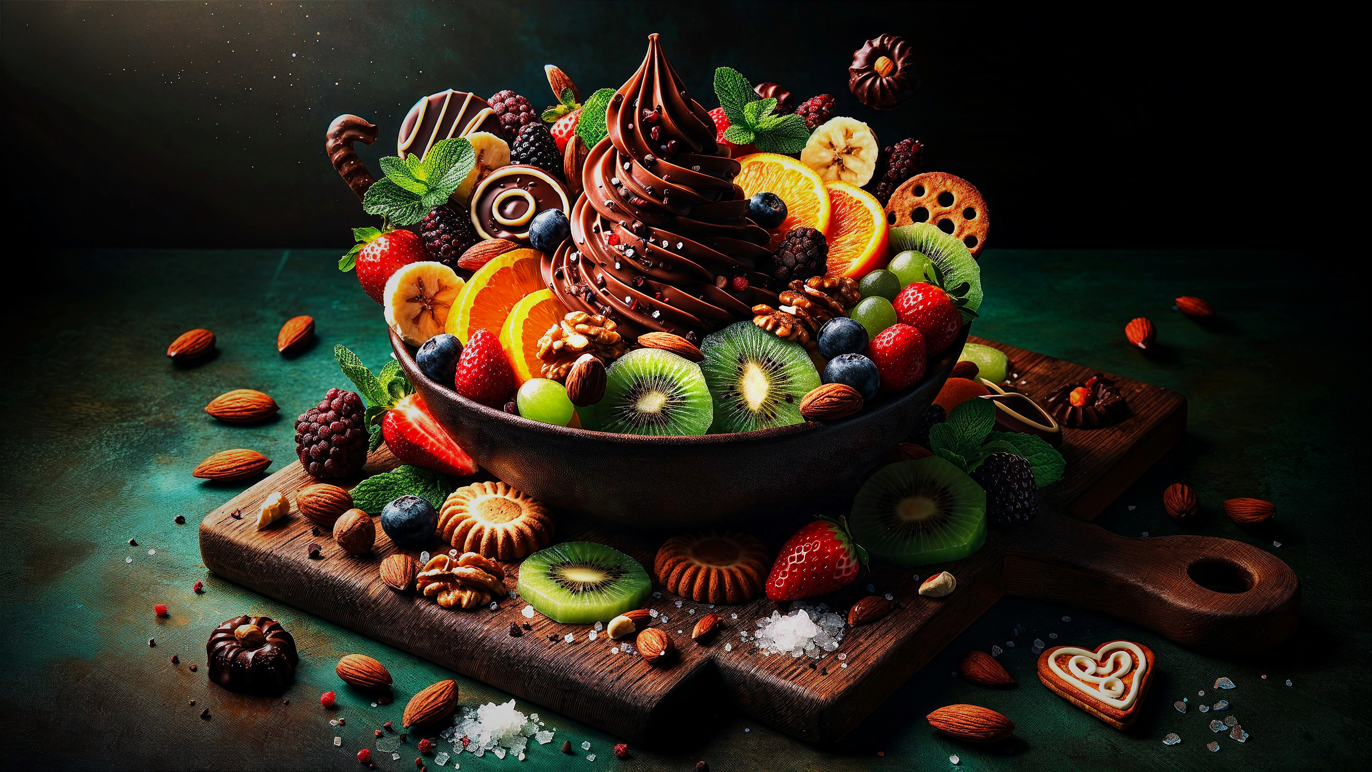 Colorful Fruit Bowl with Chocolate Soft Serve and Treats