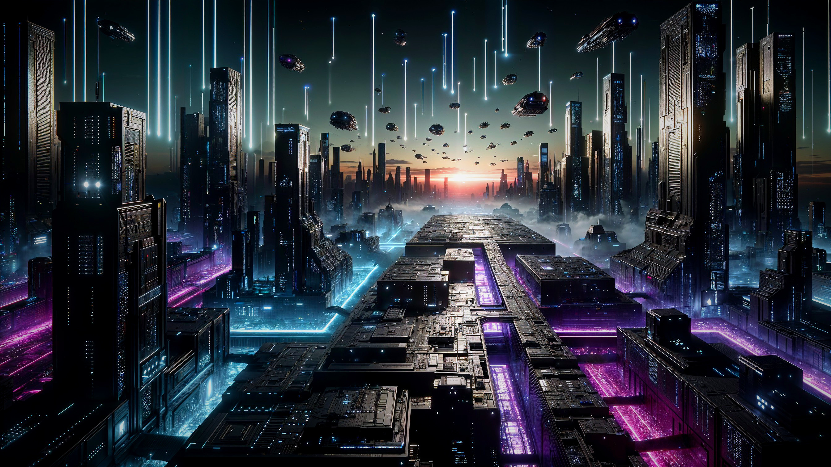 Futuristic Cityscape with Neon Lights and Flying Ships