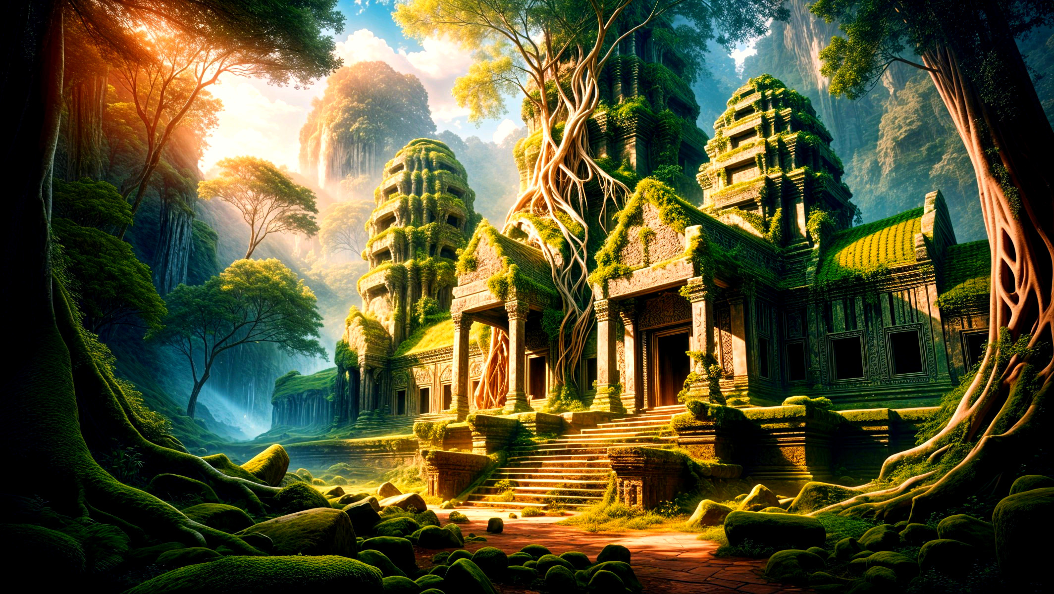 Ancient temple entwined with nature and stone carvings