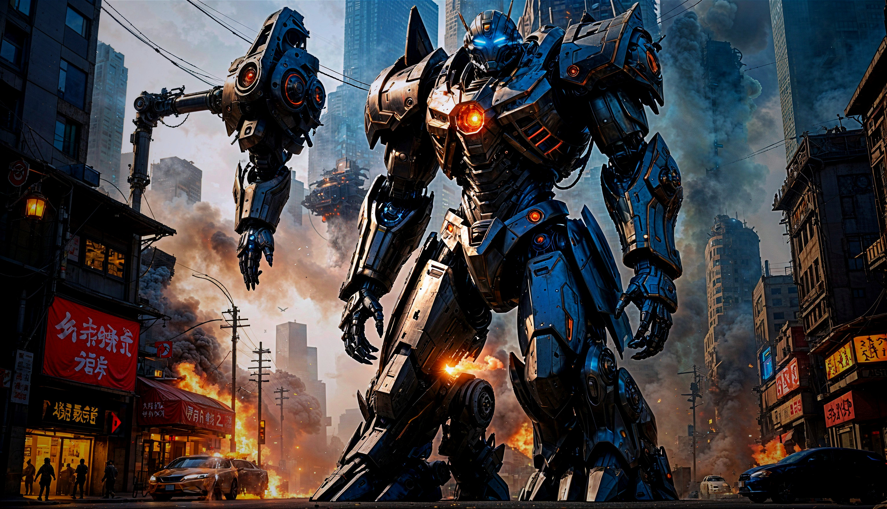 Futuristic Robot in Dystopian Cityscape with Explosions