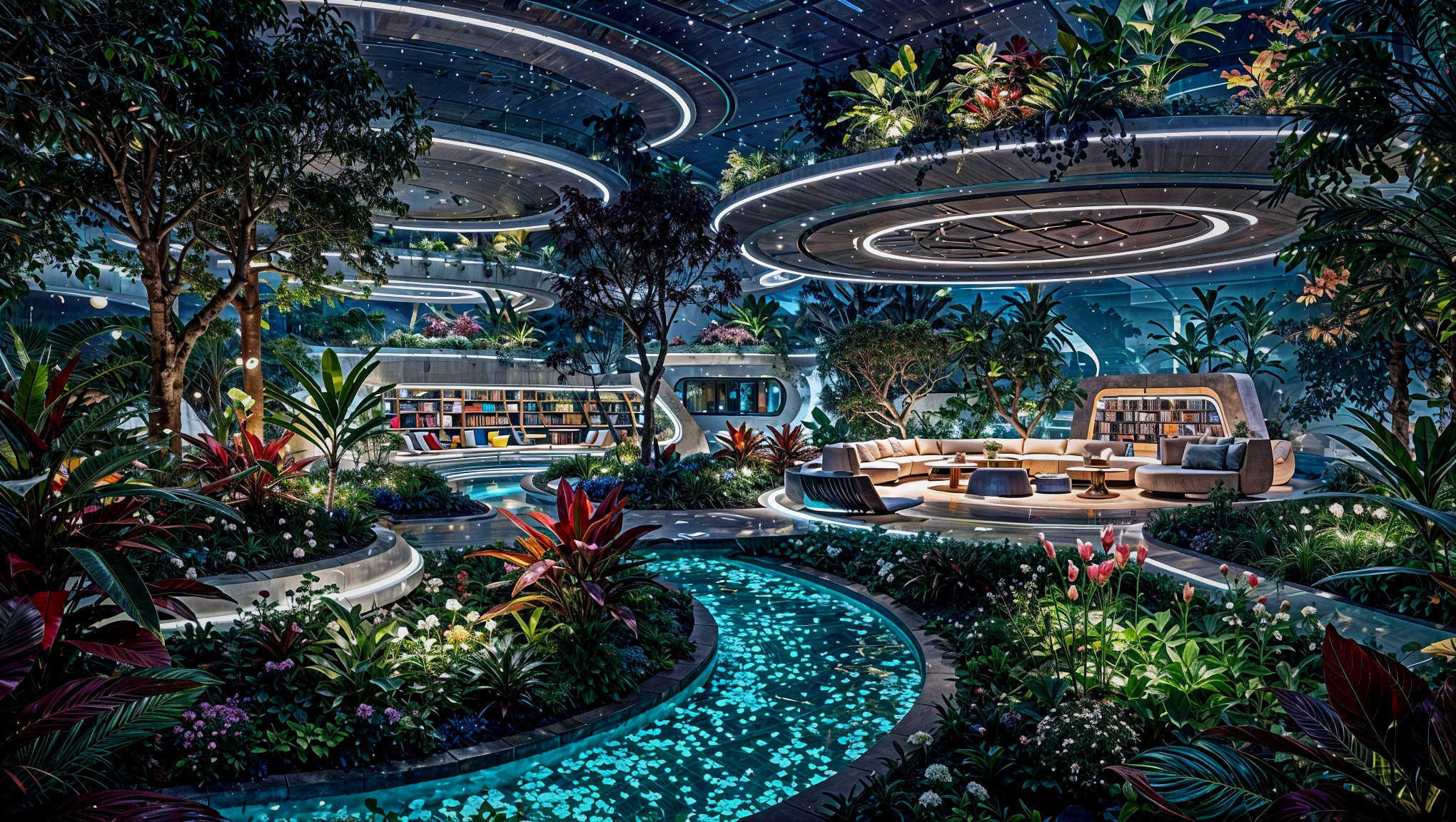 Futuristic Indoor Garden Library with Lush Greenery