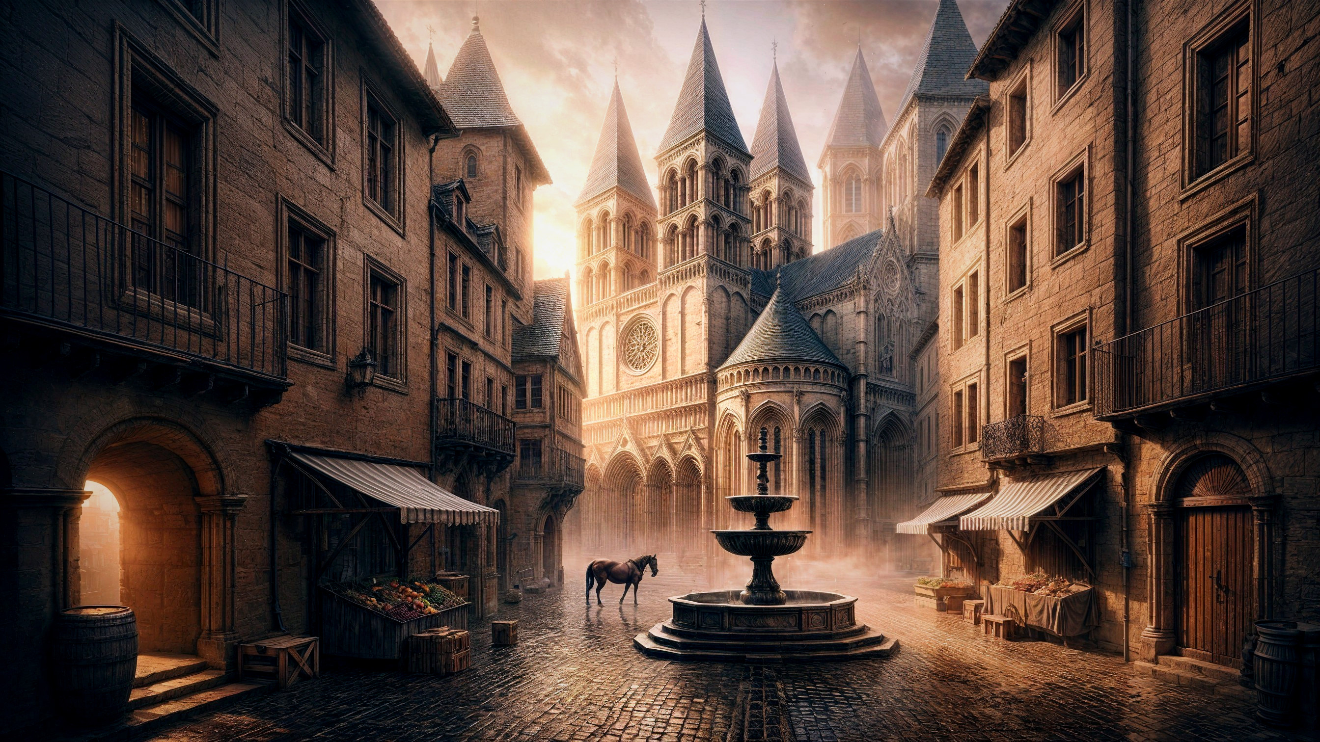 Medieval Town Square with Fountain and Market Stalls