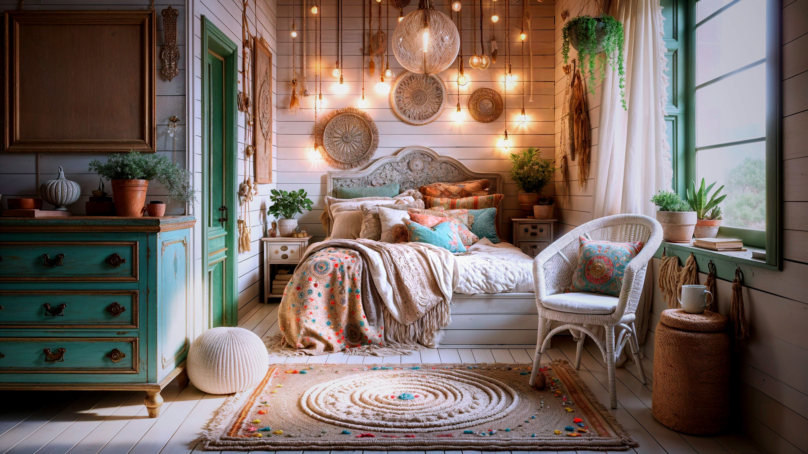 Cozy Bedroom with Wooden Walls and Colorful Decor