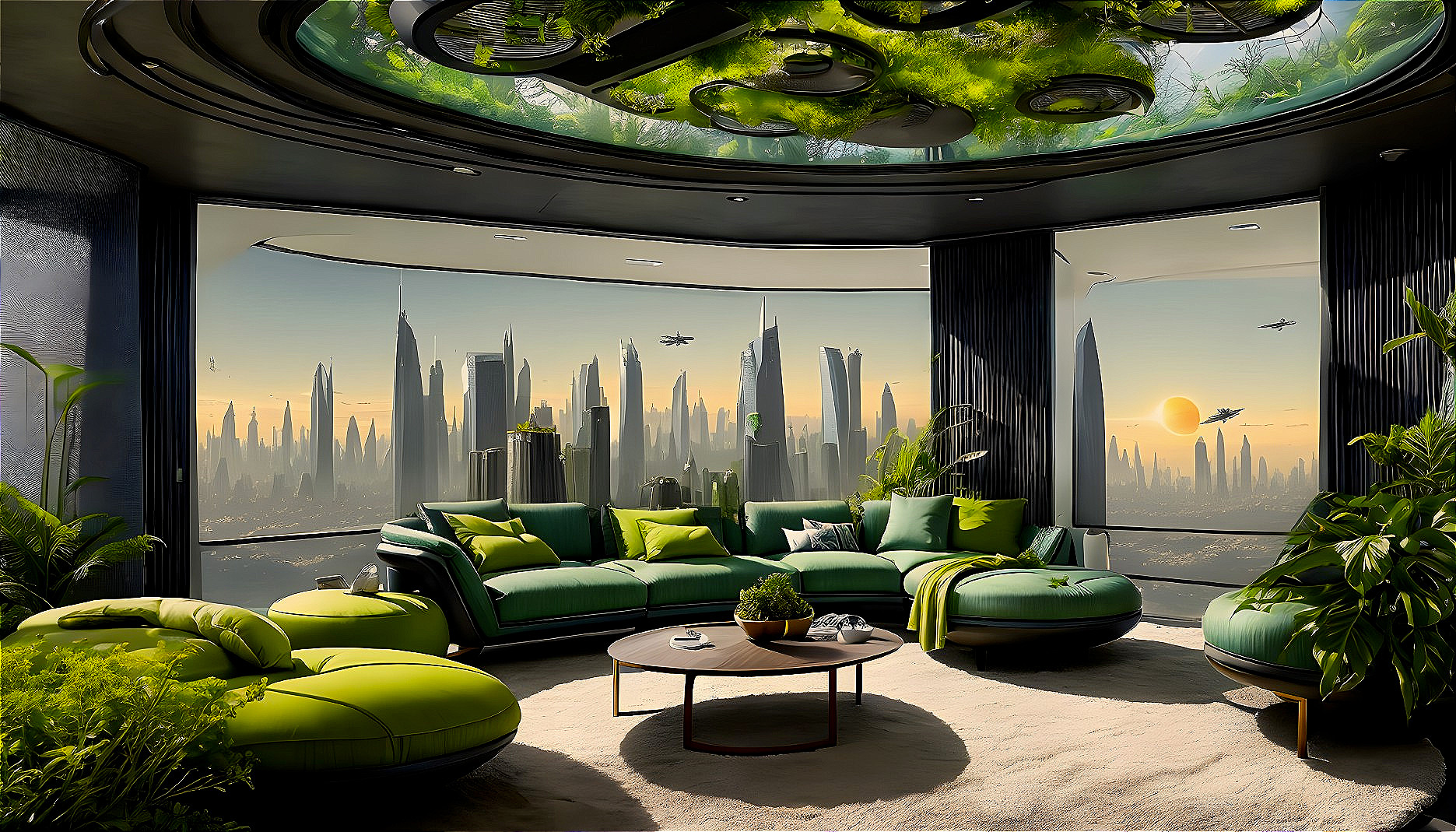 Futuristic Living Room with Green Furniture and Skyline