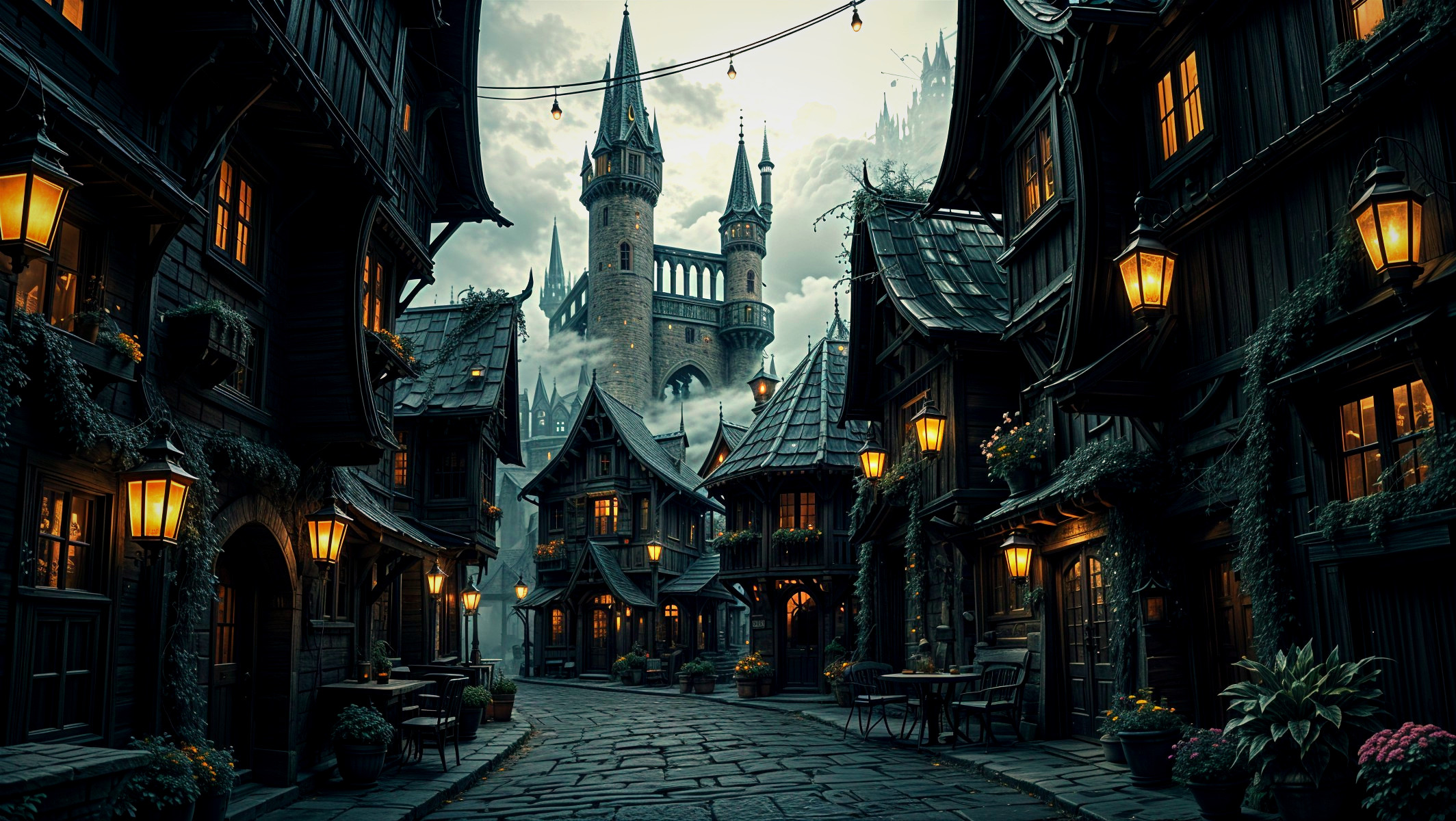 Medieval Village with Cobblestone Street and Castle