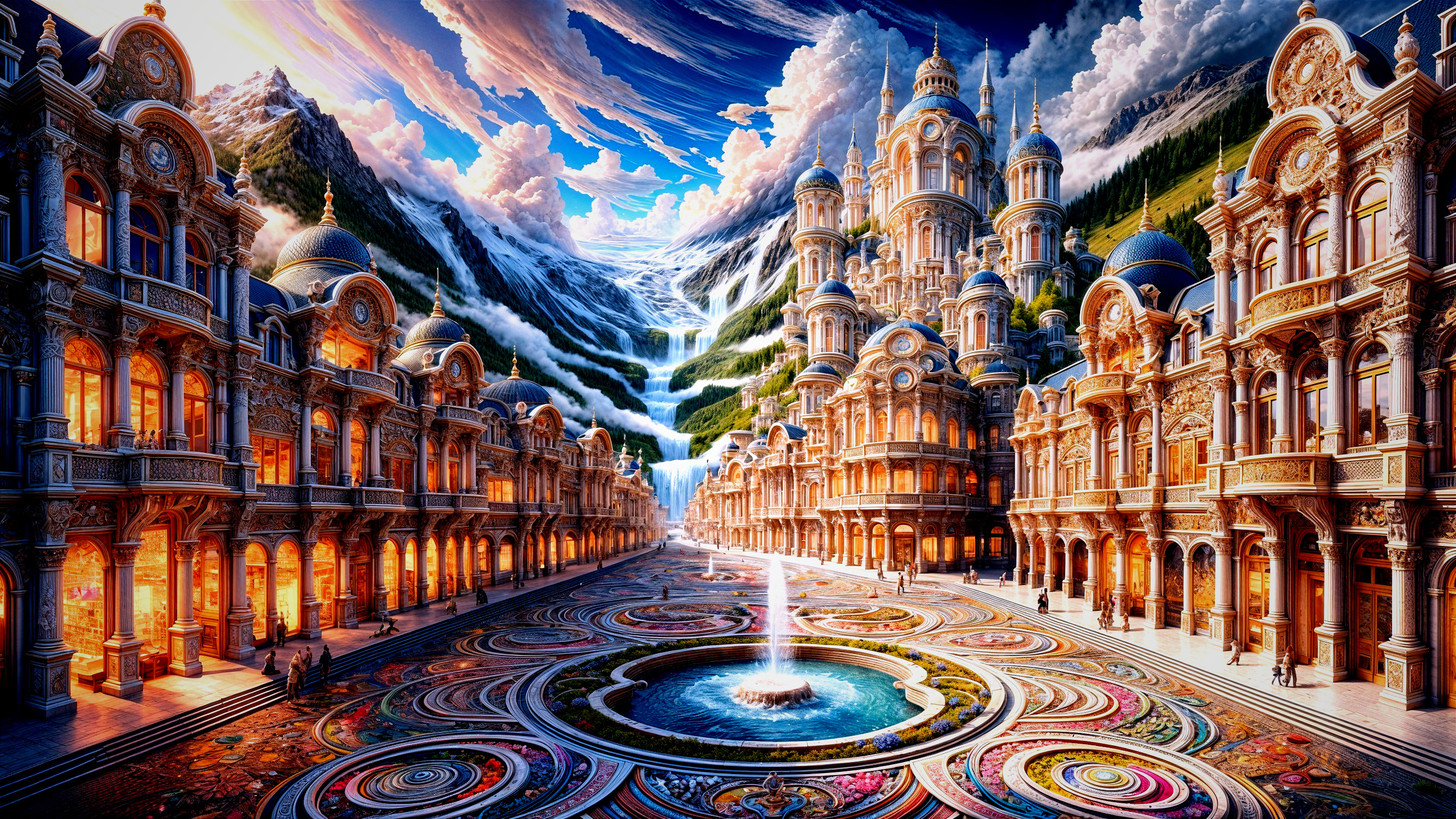Fantastical Cityscape with Grand Buildings and Fountains