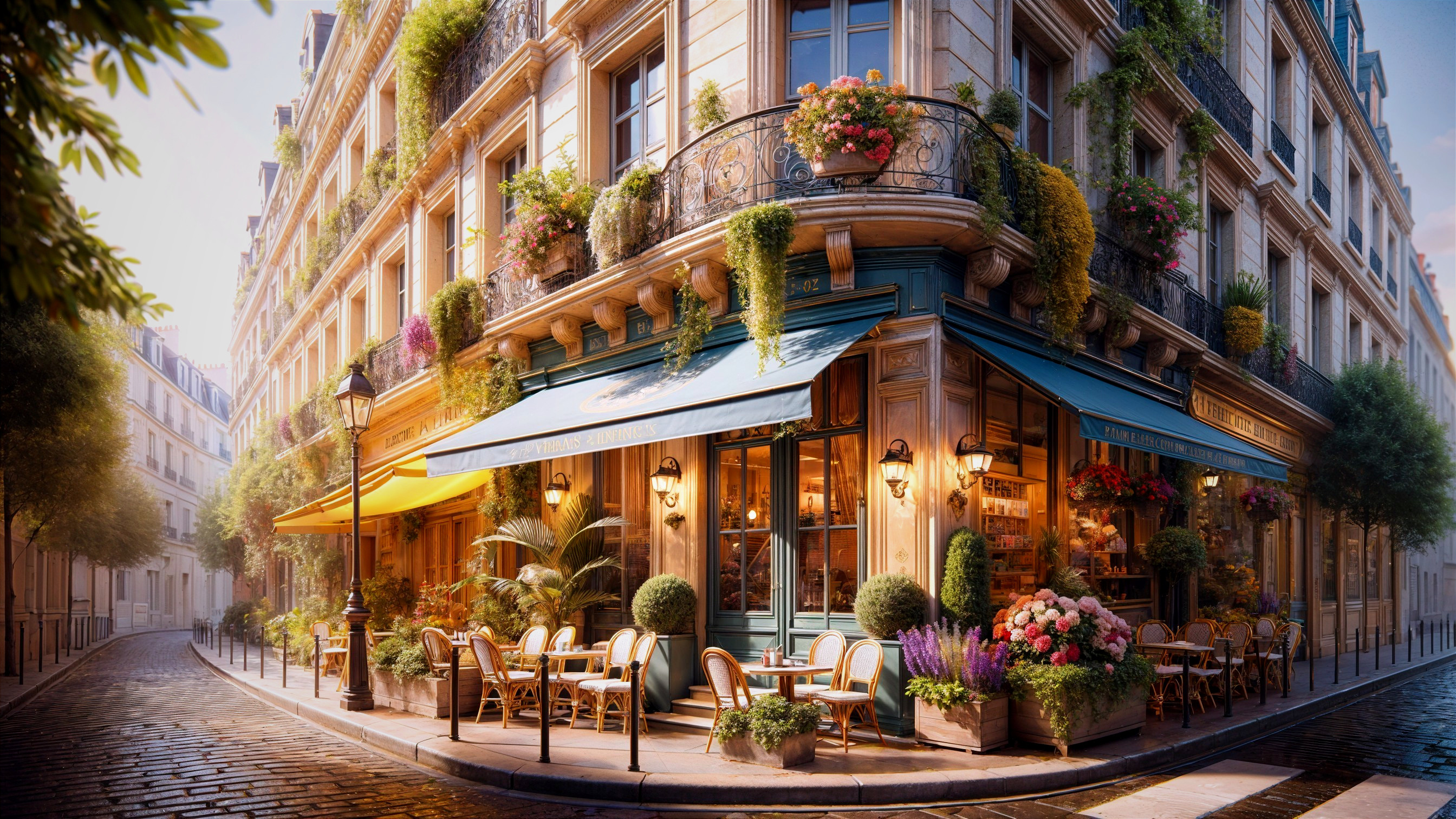 Charming Parisian Café with Outdoor Seating and Flowers