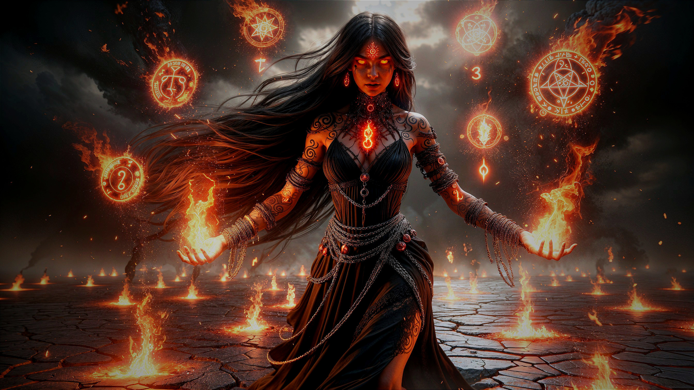 Dark Sorceress Commanding Flames with Arcane Symbols