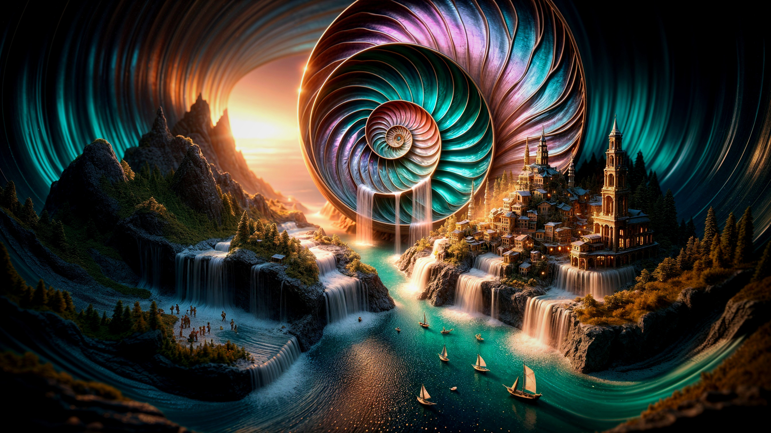 Surreal Landscape with Nautilus Shell and Village