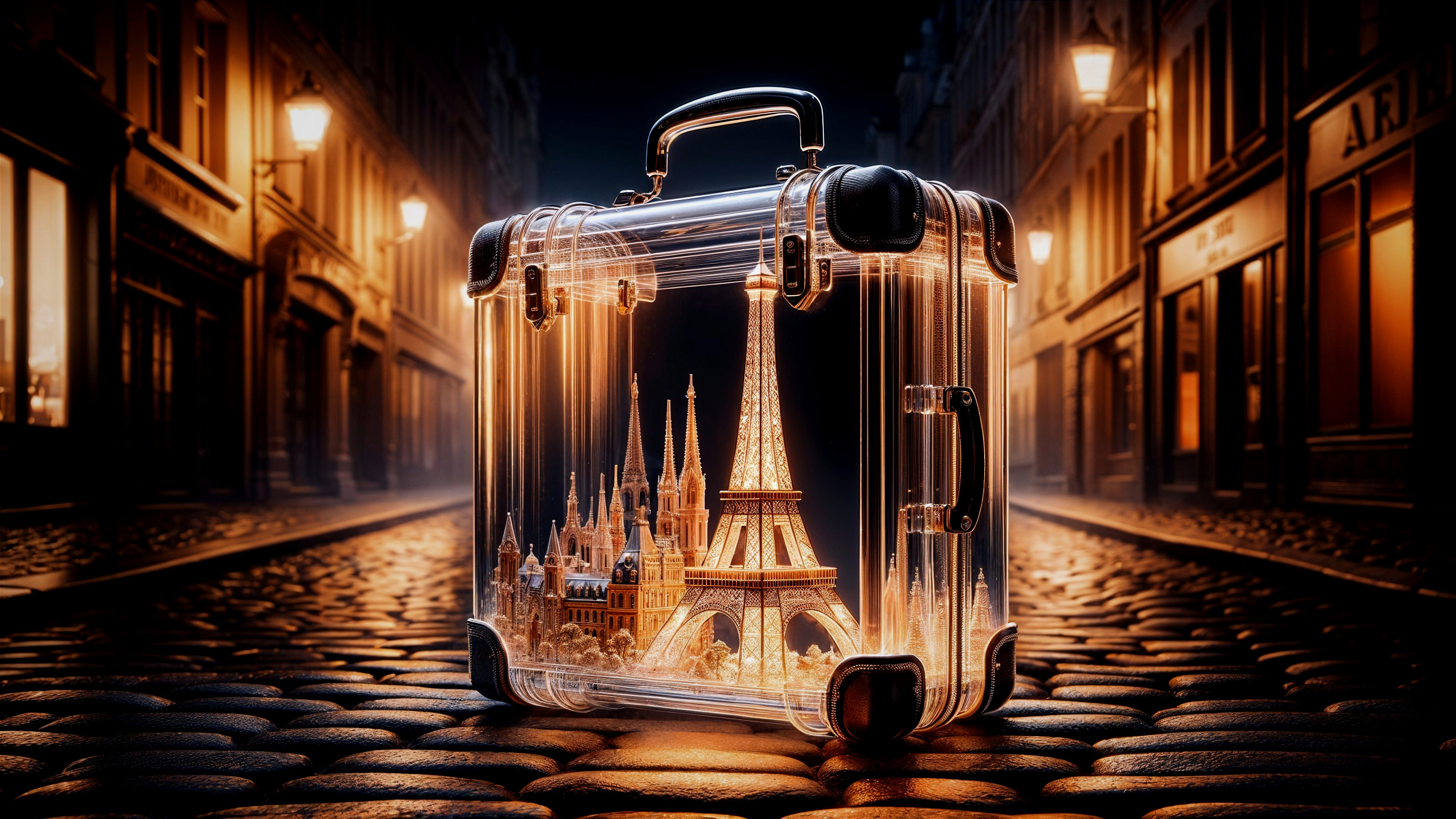 Transparent suitcase with illuminated miniature landmarks