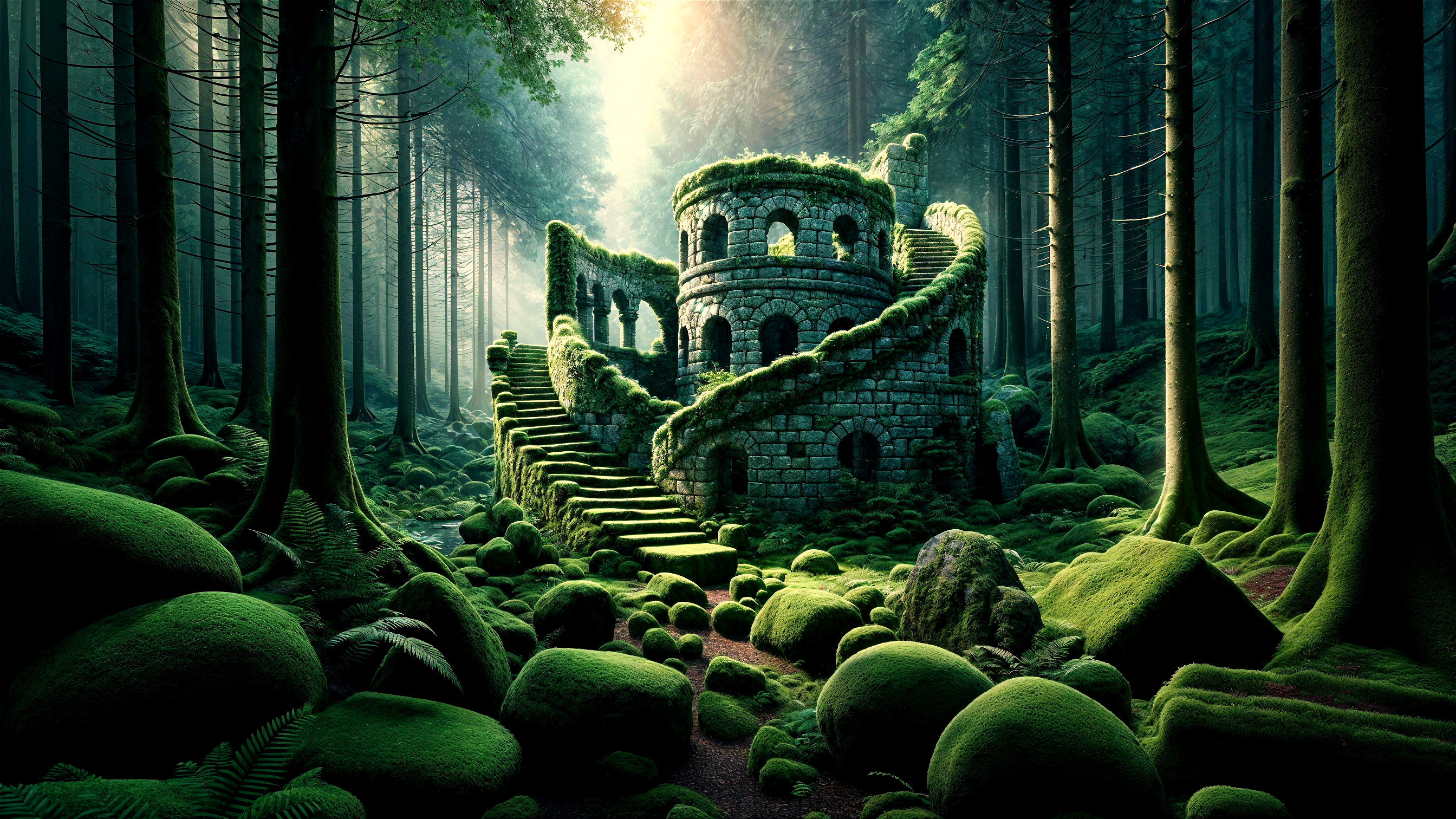 Stone Tower in a Mystical Forest with Ethereal Light