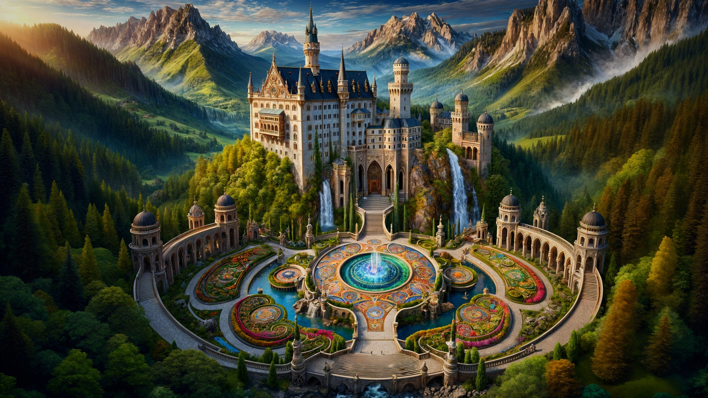 Majestic castle on a hill with gardens and waterfalls