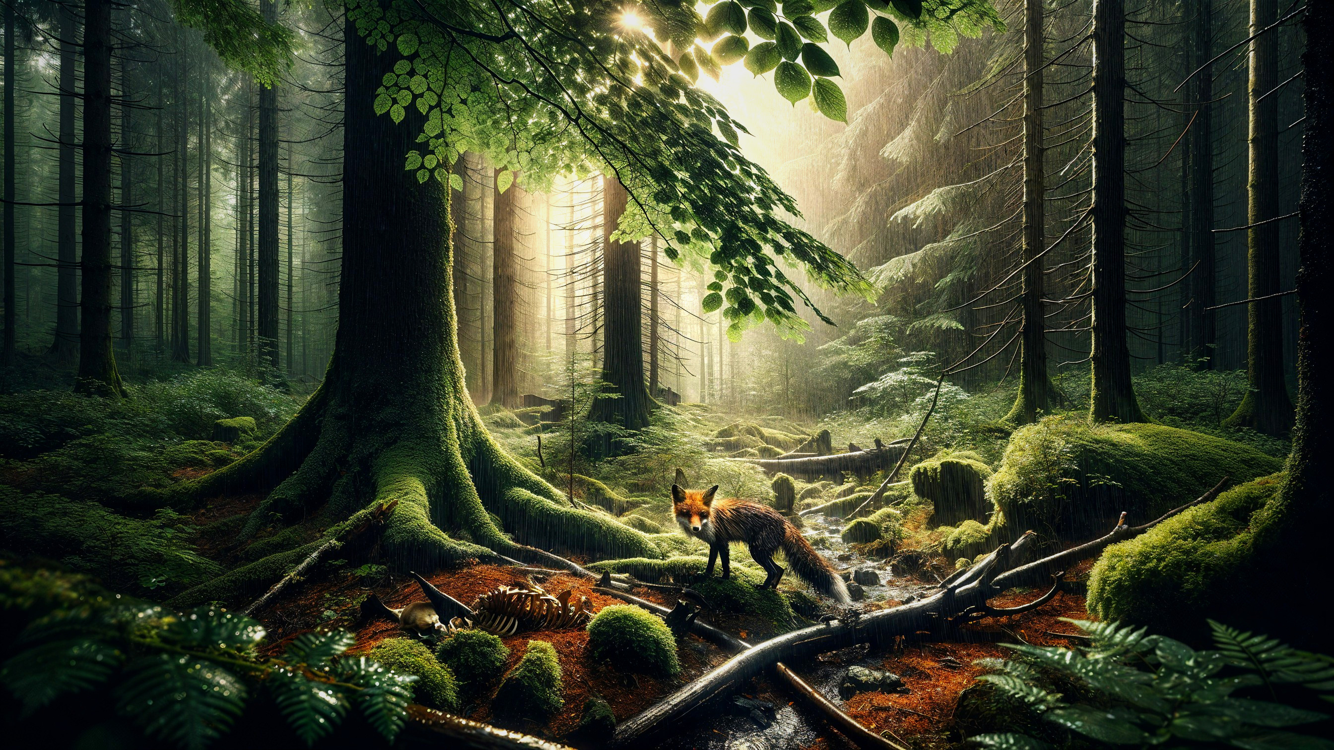 Tranquil Forest Scene with Fox and Sunlit Canopy