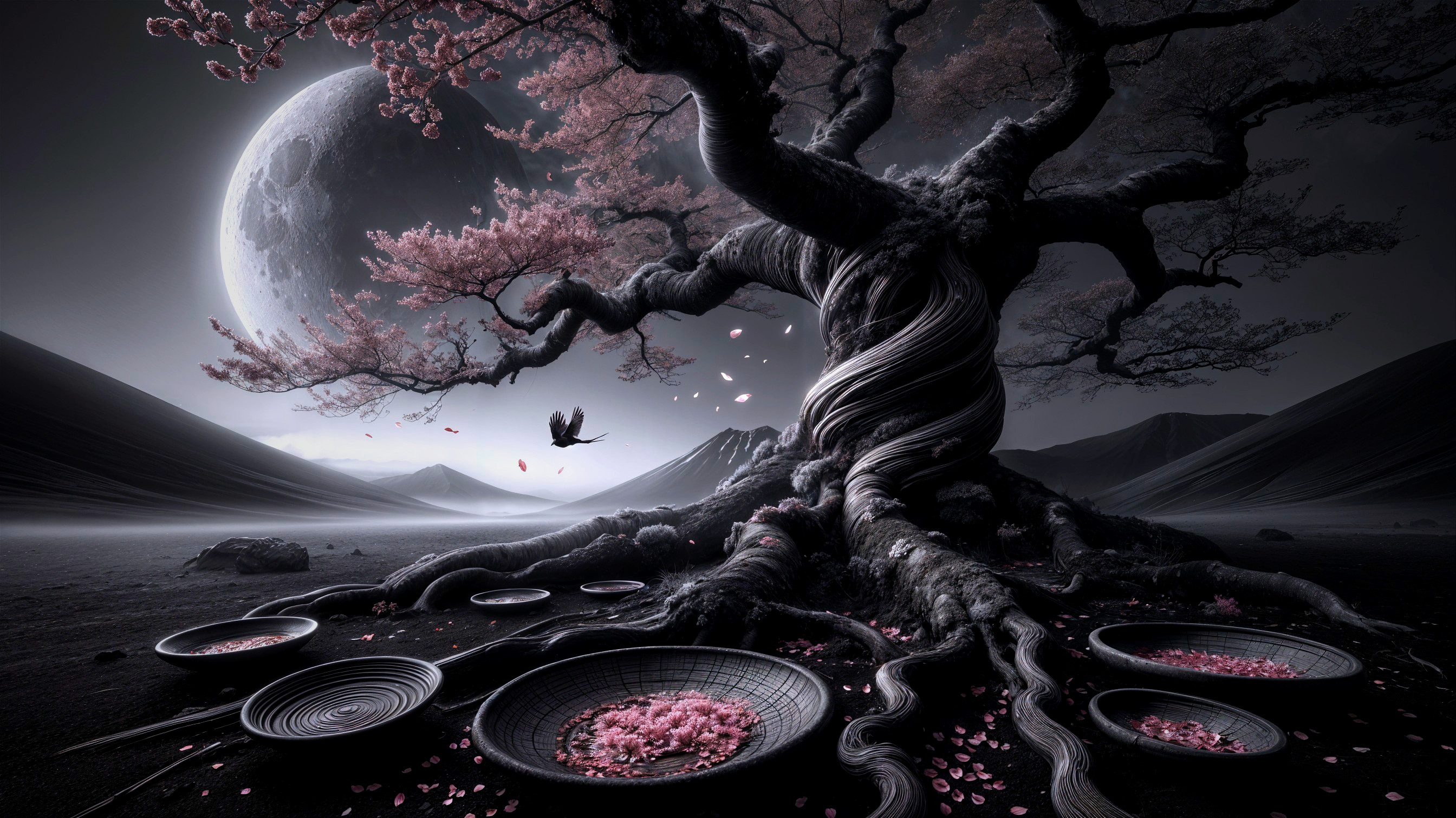 Ancient Tree with Cherry Blossoms in Mystical Landscape