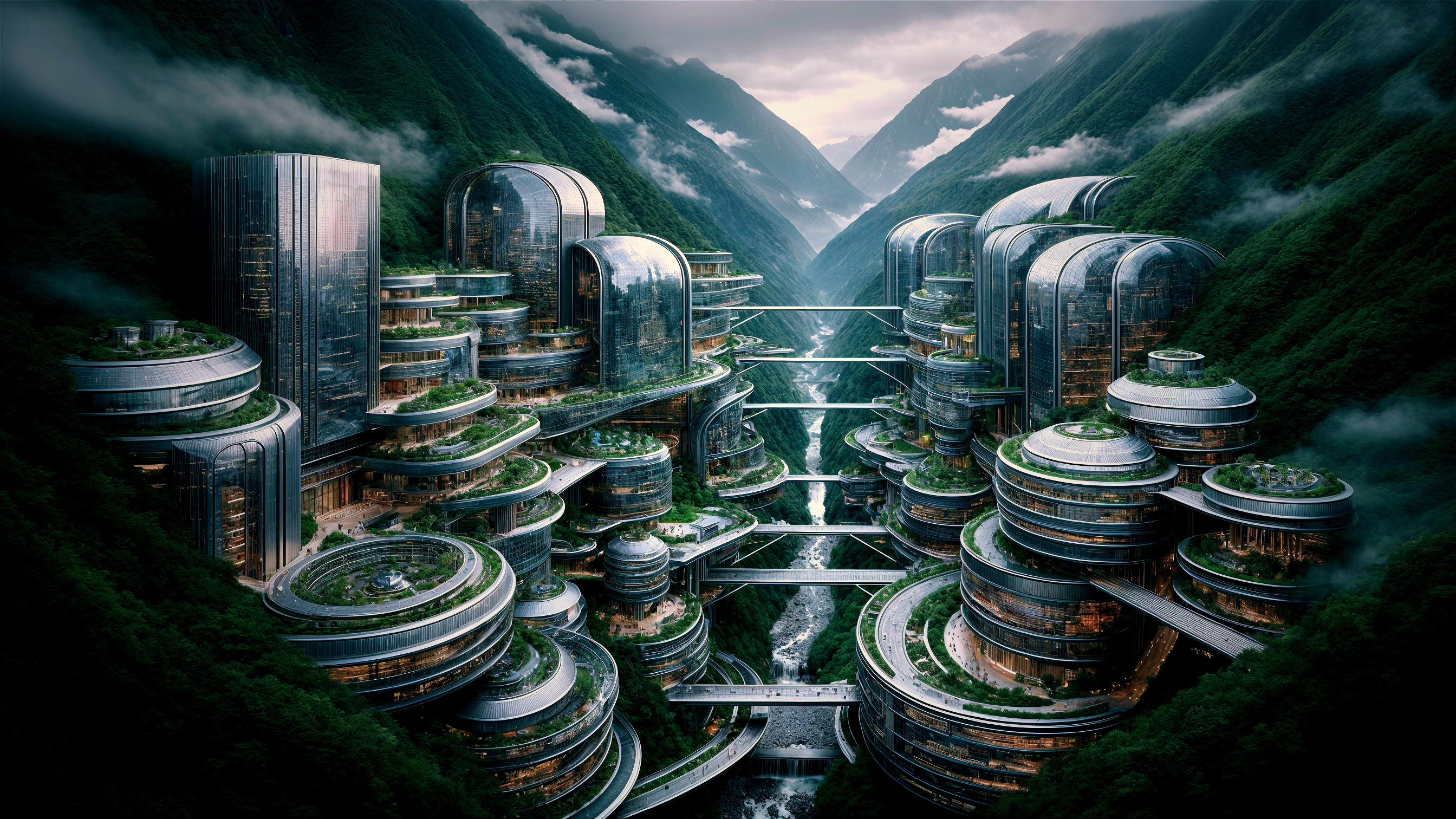 Futuristic City in a Lush Green Valley Landscape