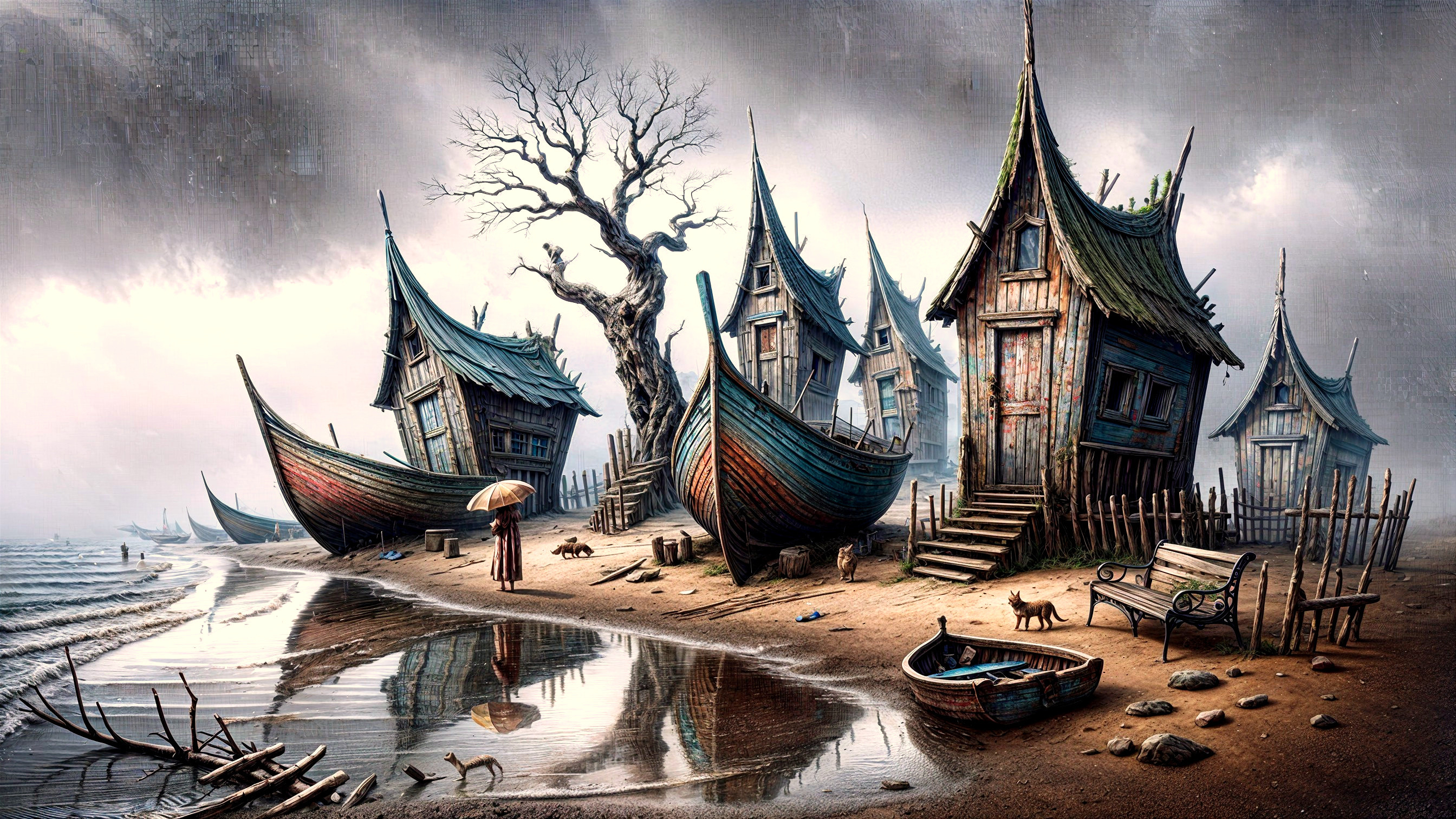 Surreal Coastal Scene with Whimsical Boat Houses