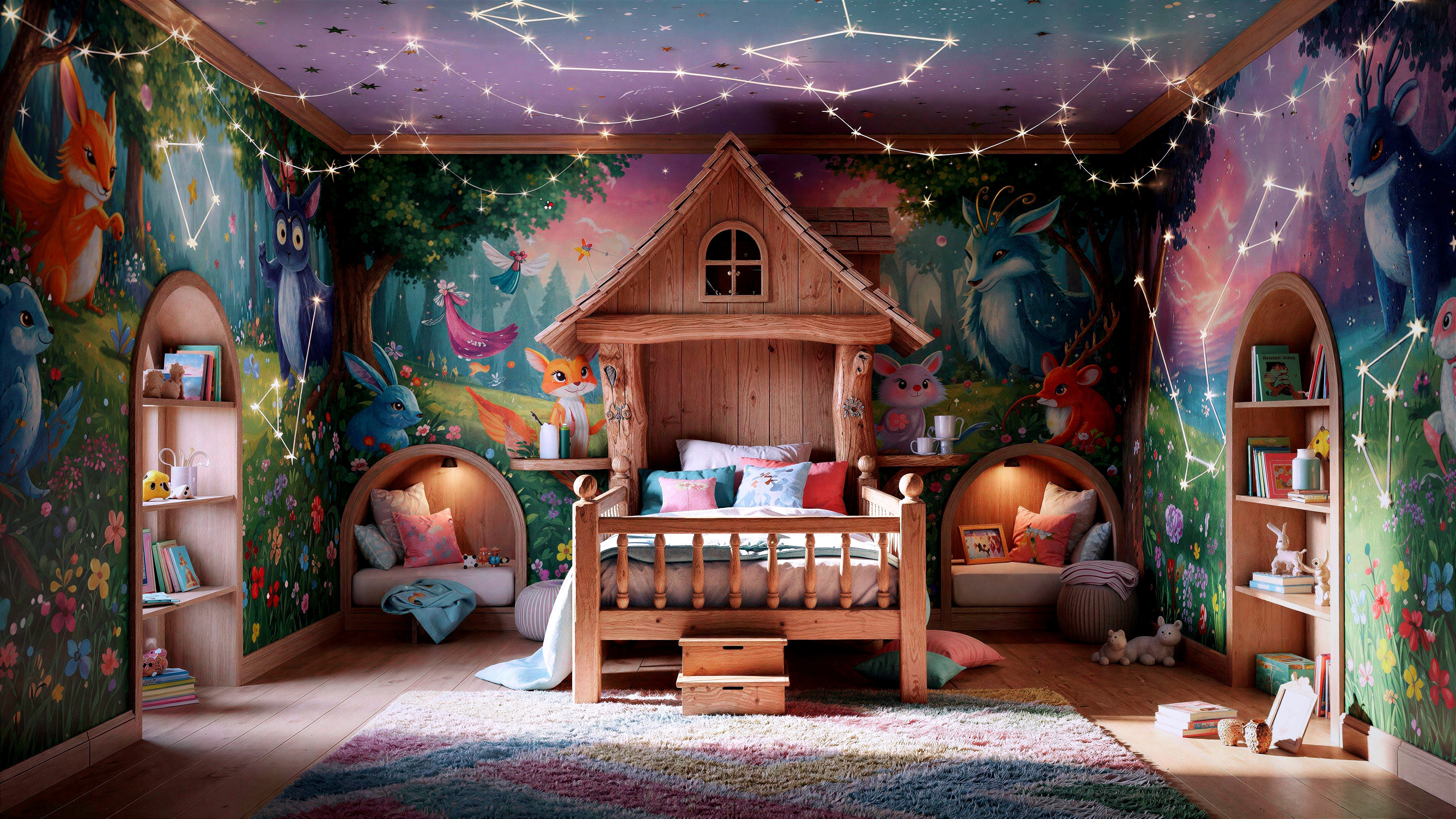 Magical Child's Bedroom with Animal Murals and Lights