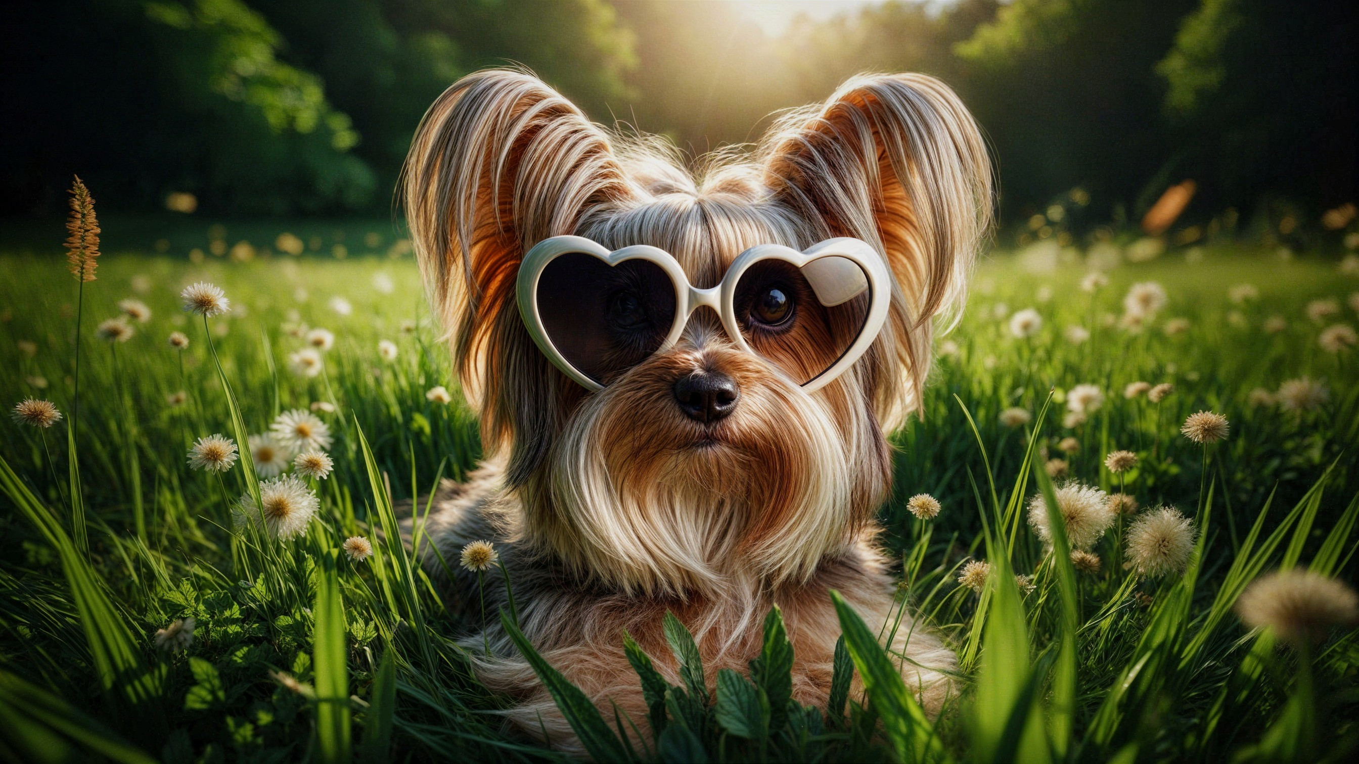 Yorkshire Terrier in a Field with Dandelions and Sunglasses