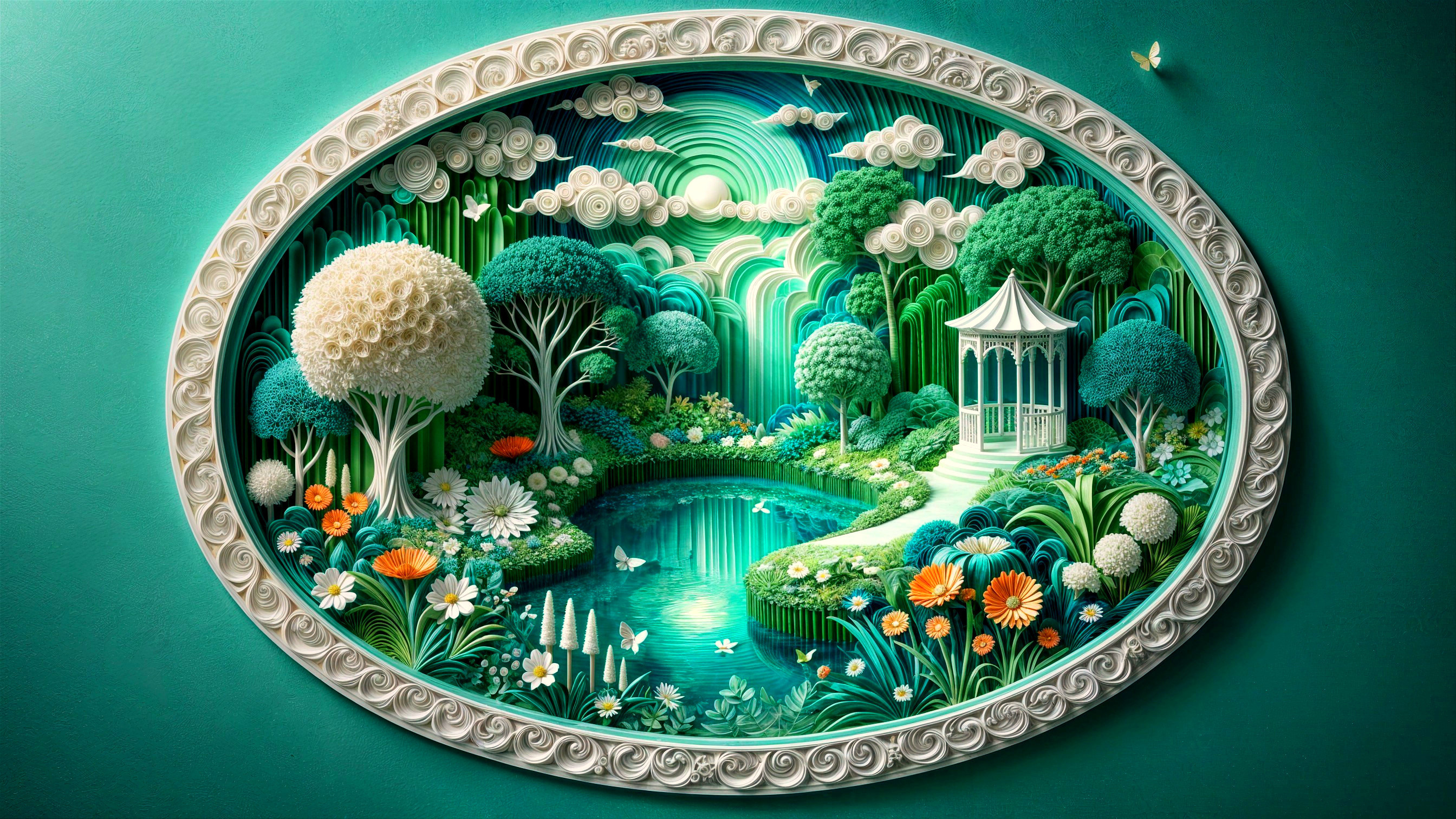 Vibrant Three-Dimensional Landscape with Gazebo and Pond