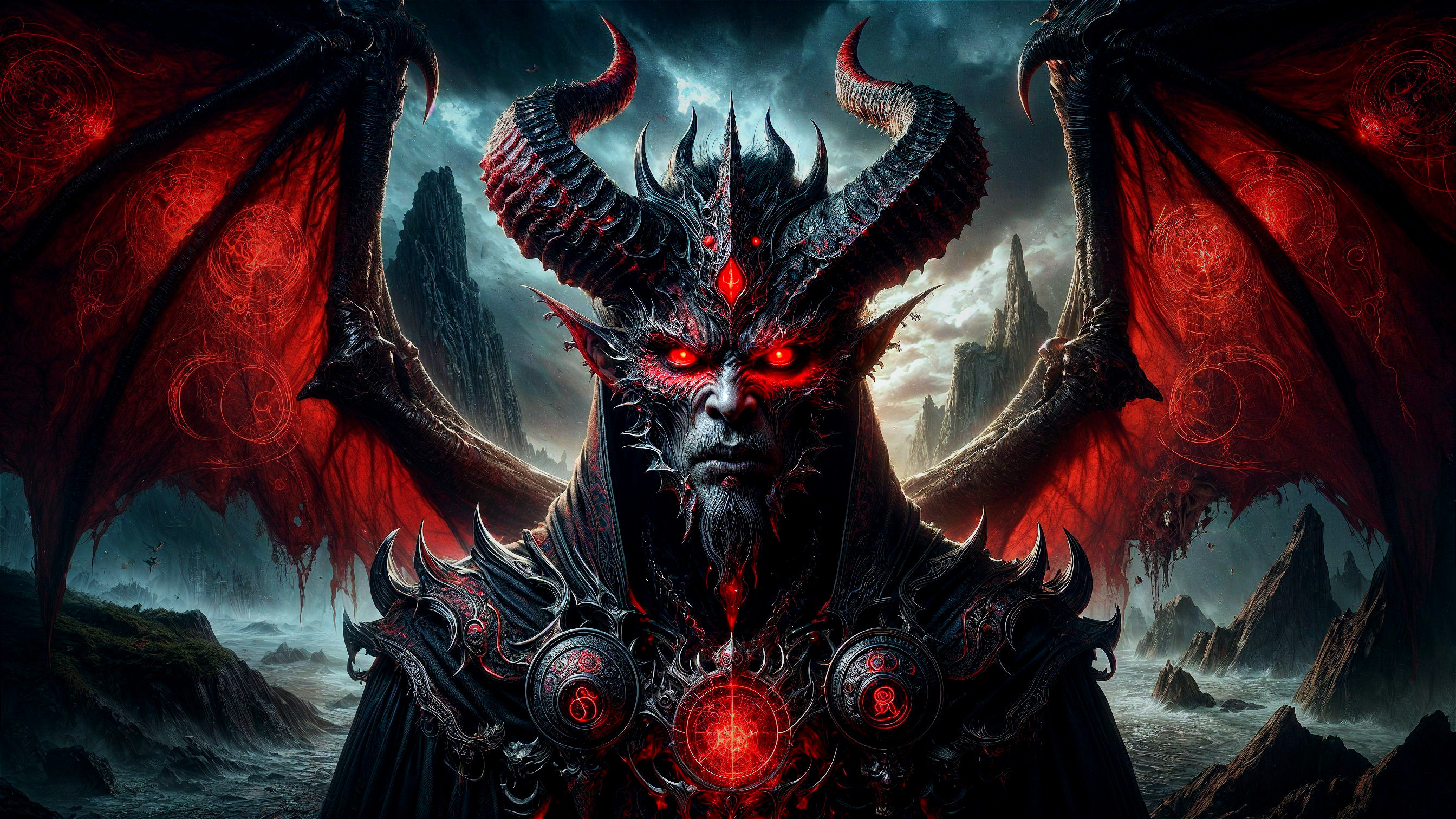 Dark Figure with Wings in Dramatic Landscape