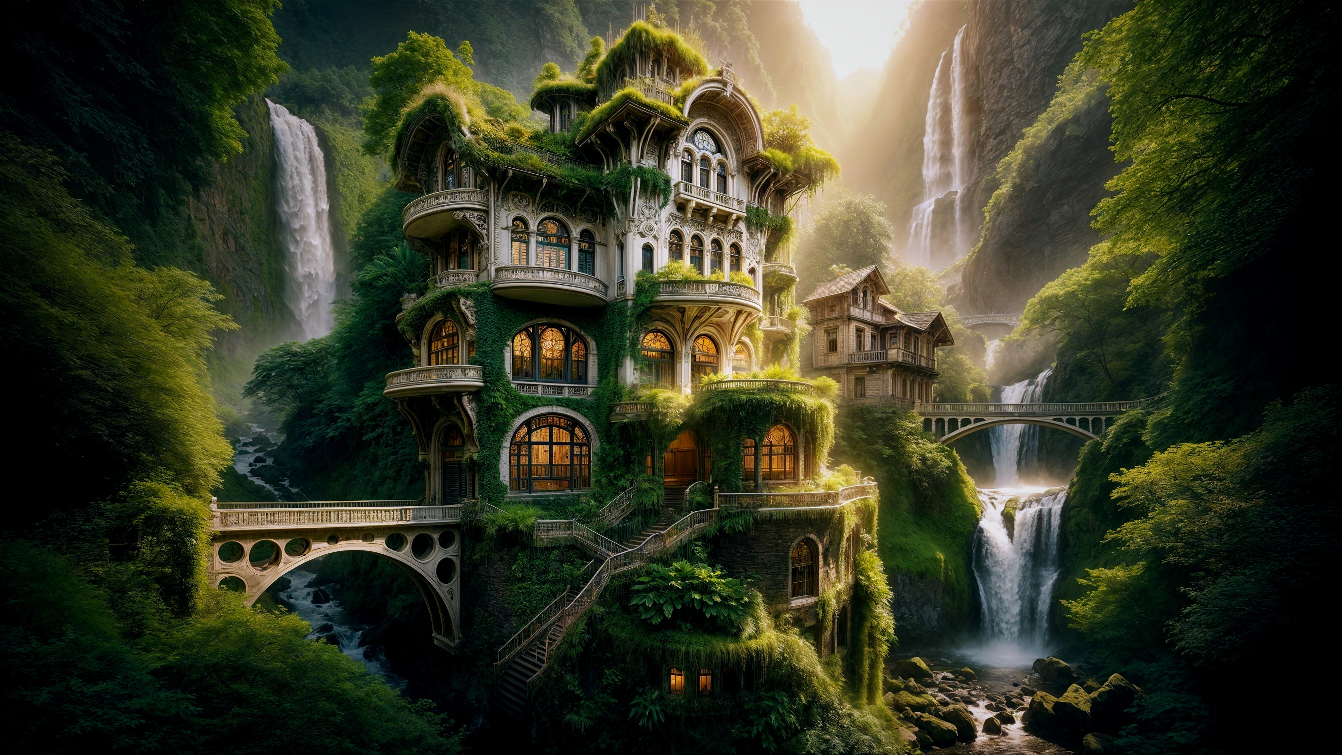 Multi-Level House in Lush Valley with Waterfalls