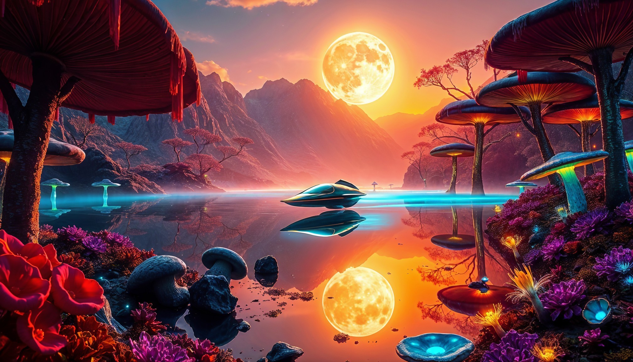 Surreal Landscape with Colorful Mushrooms and Moonlight