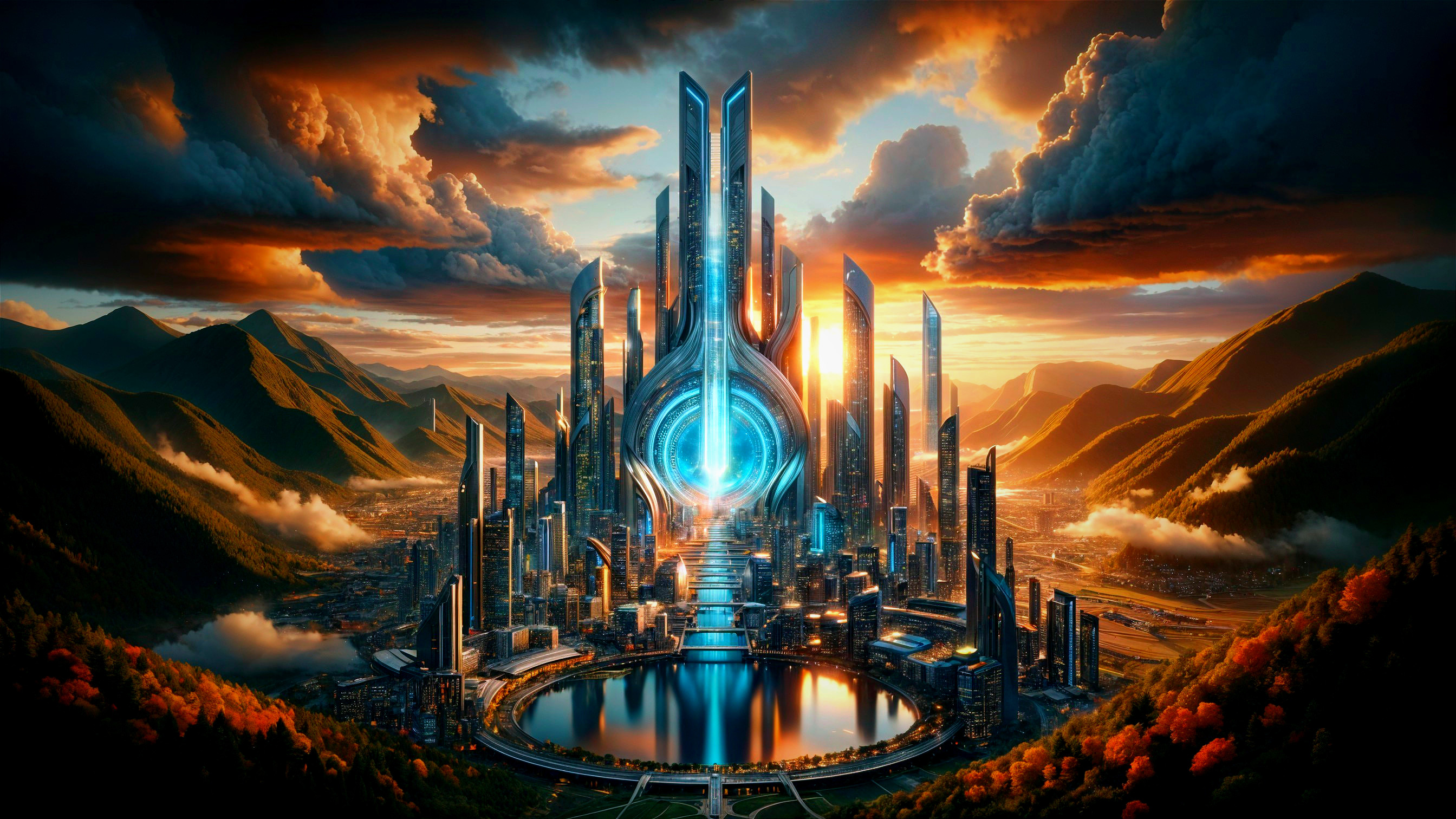 Futuristic cityscape at dusk with serene lake reflection