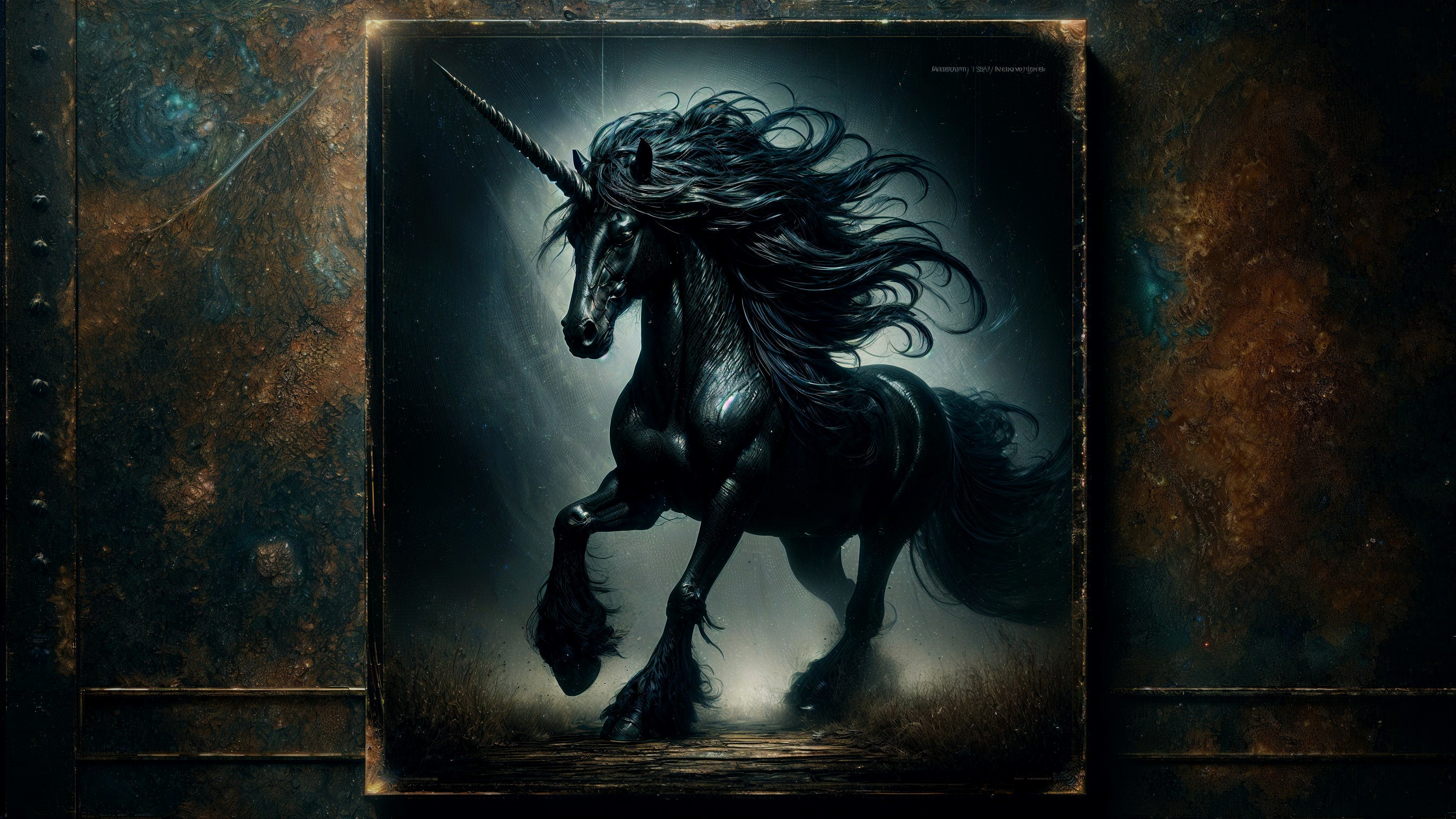 Mythical unicorn in misty landscape with dark textures