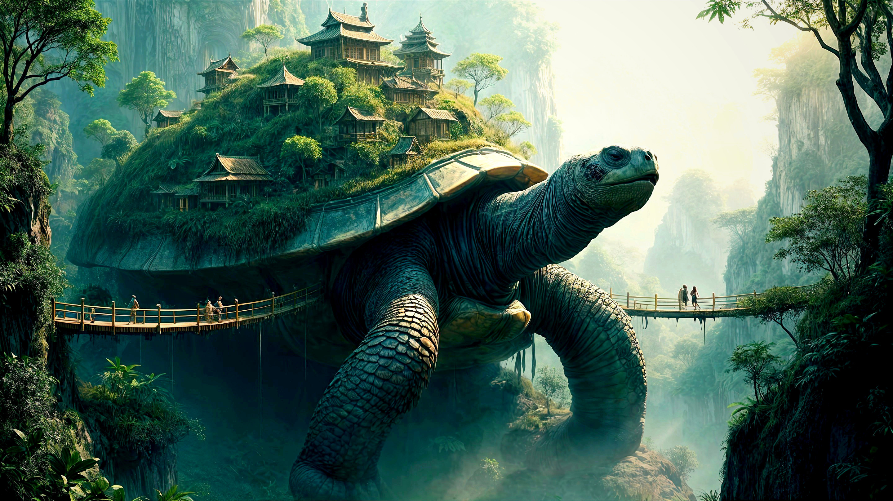 Giant Turtle with Village in a Misty Landscape