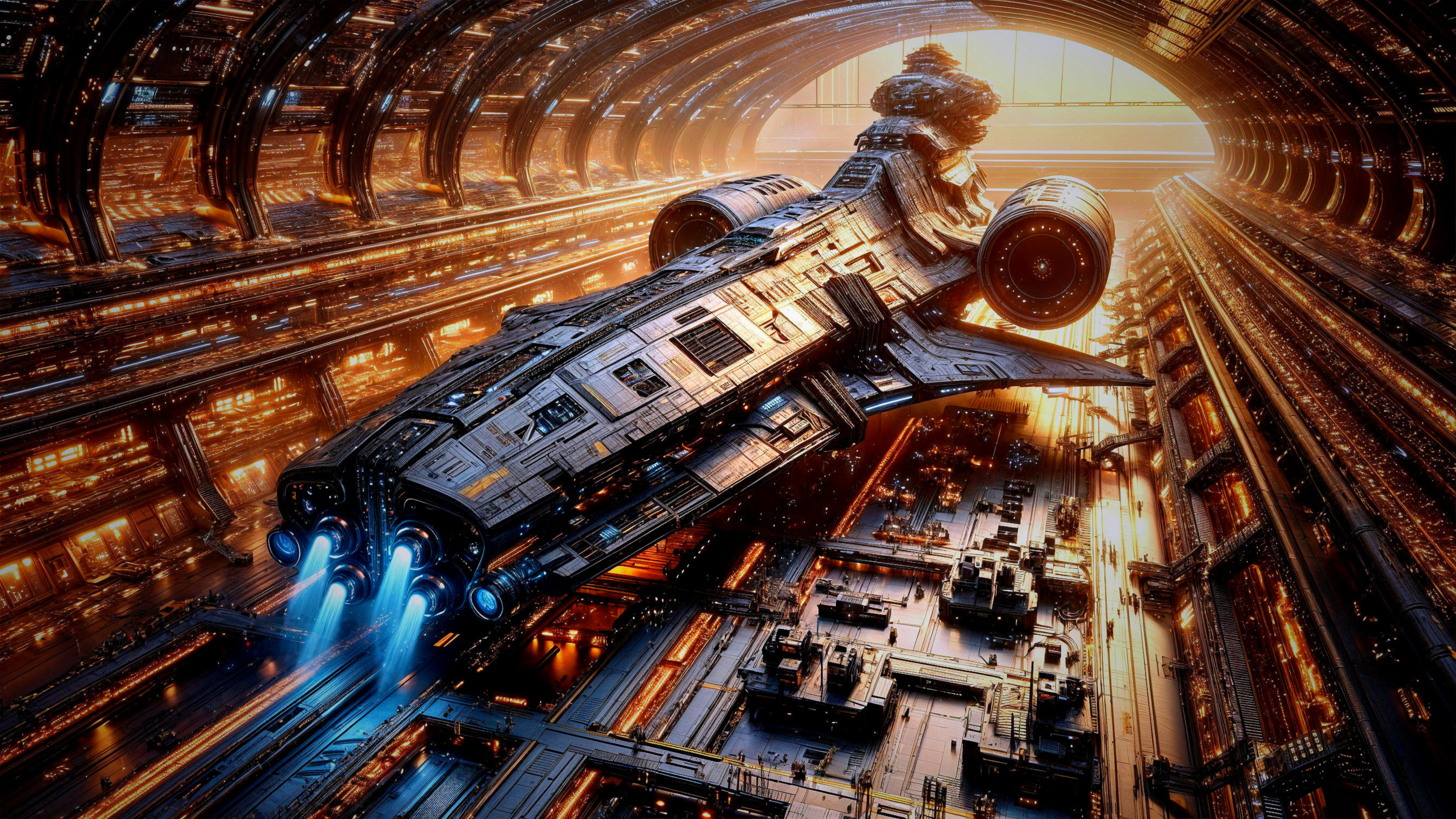 Futuristic Spaceship in Illuminated Docking Bay