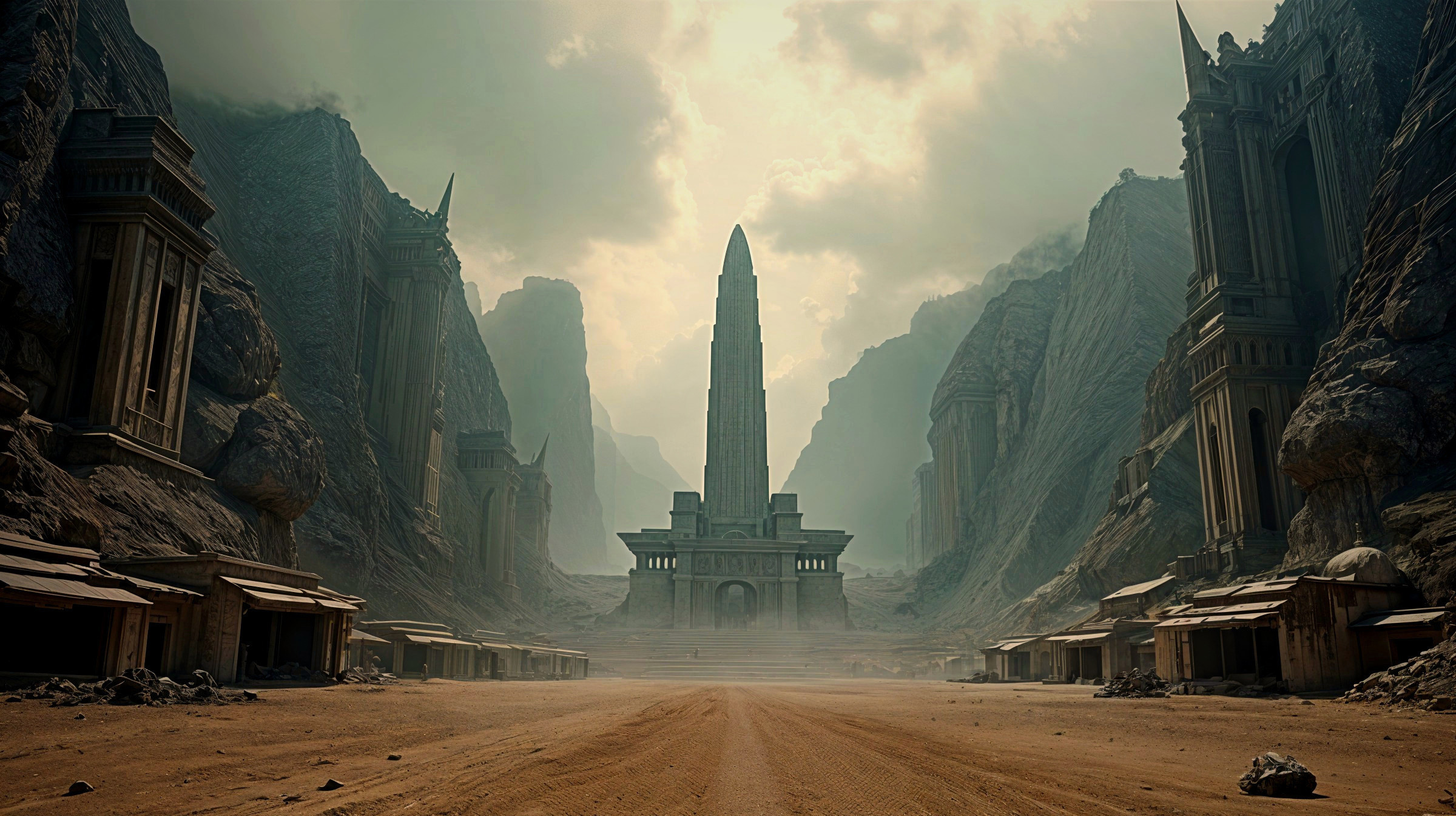 Desolate Landscape with Monumental Structure and Cliffs