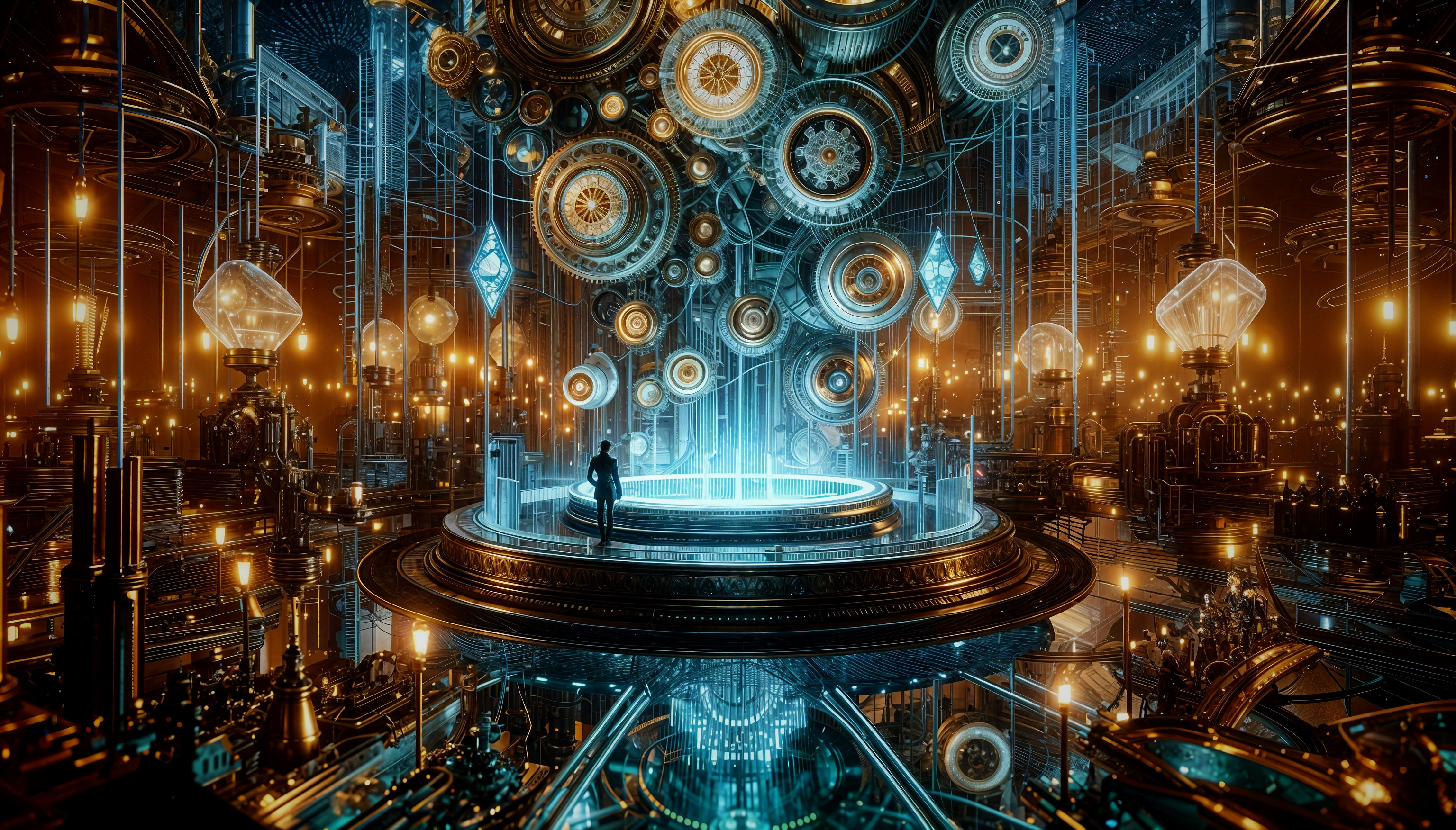 Futuristic Scene with Gears and Luminous Orbs