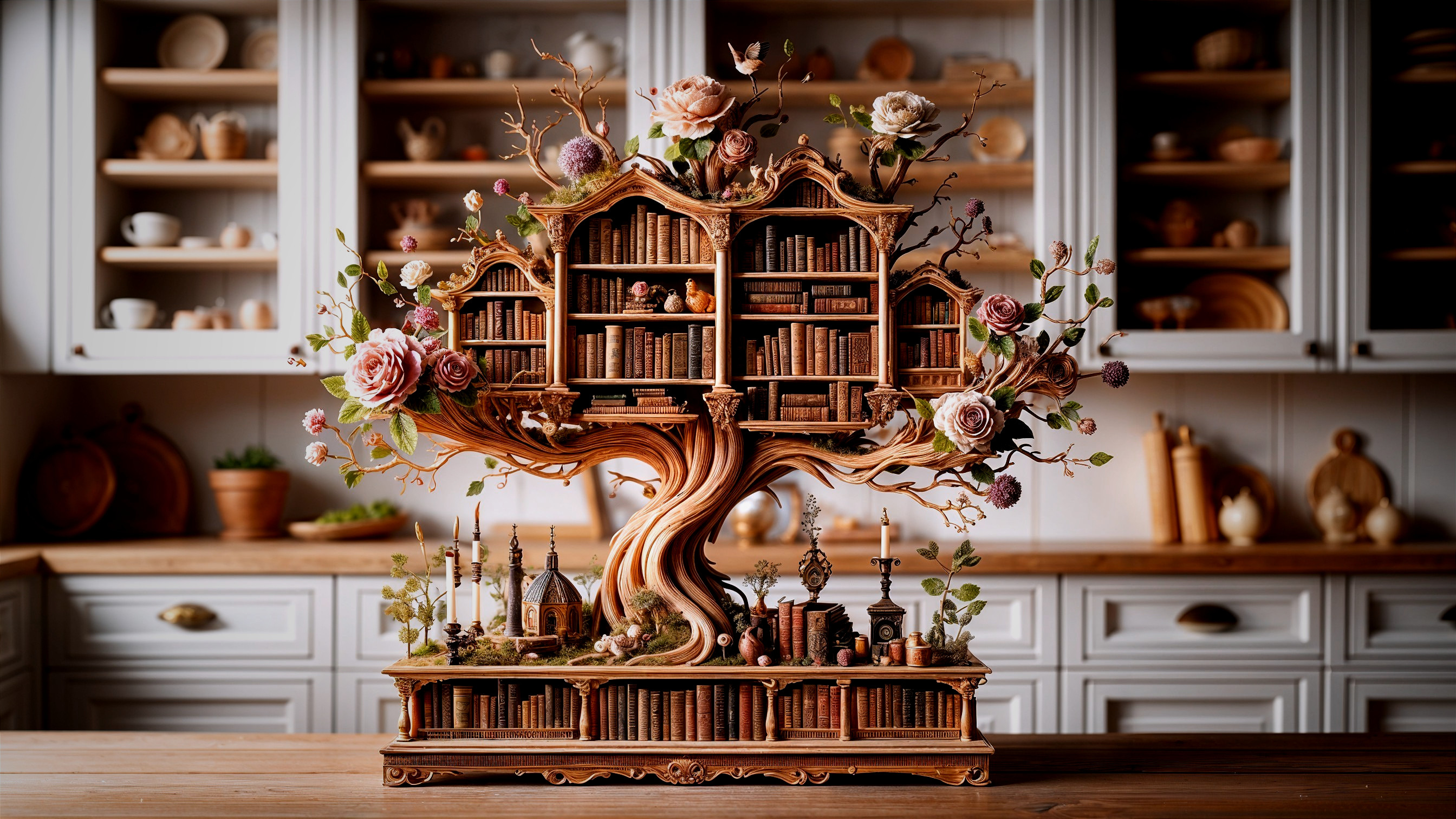 Intricate Tree Display with Miniature Books and Flowers