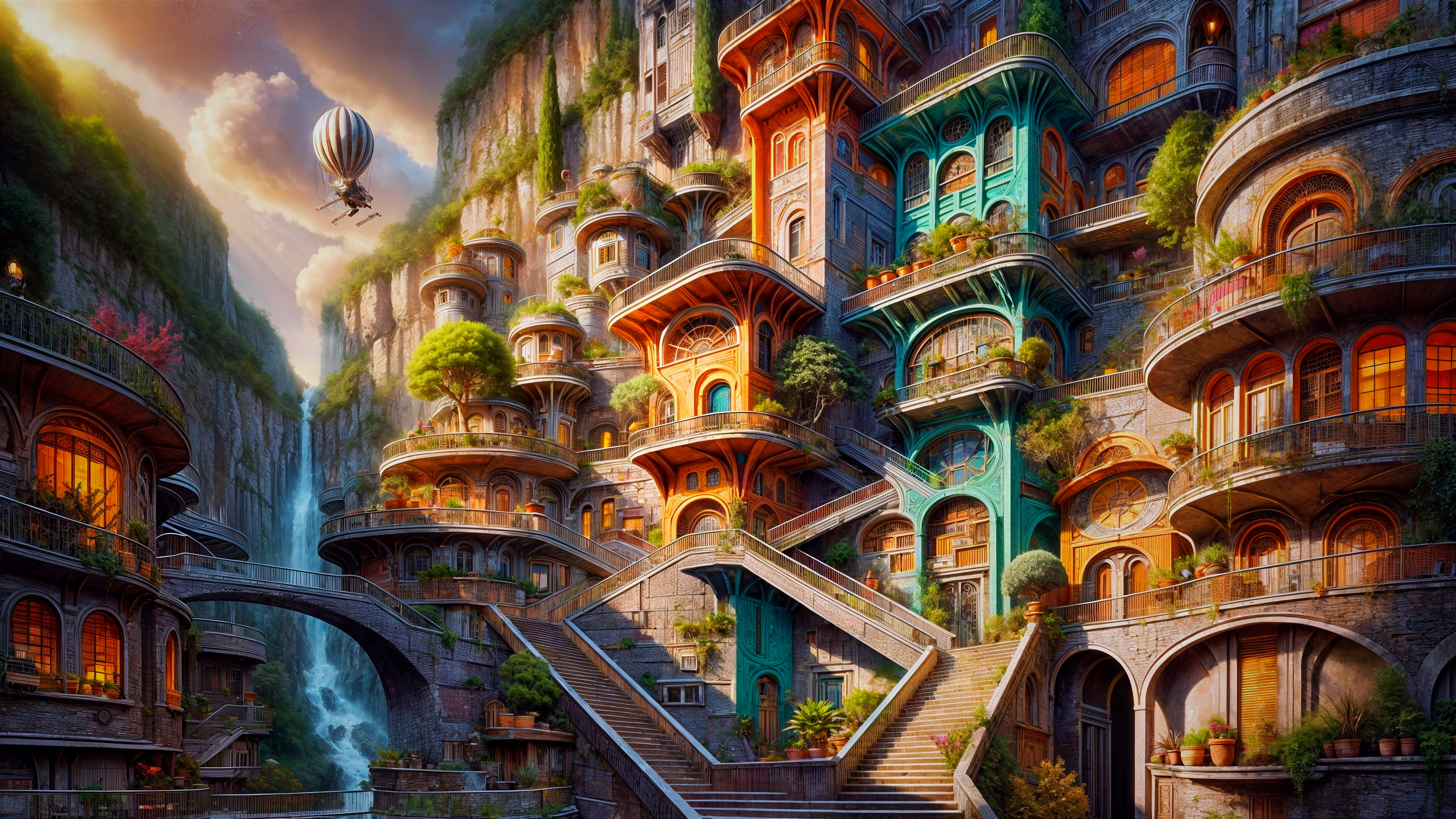 Futuristic cityscape with lush greenery and waterfalls