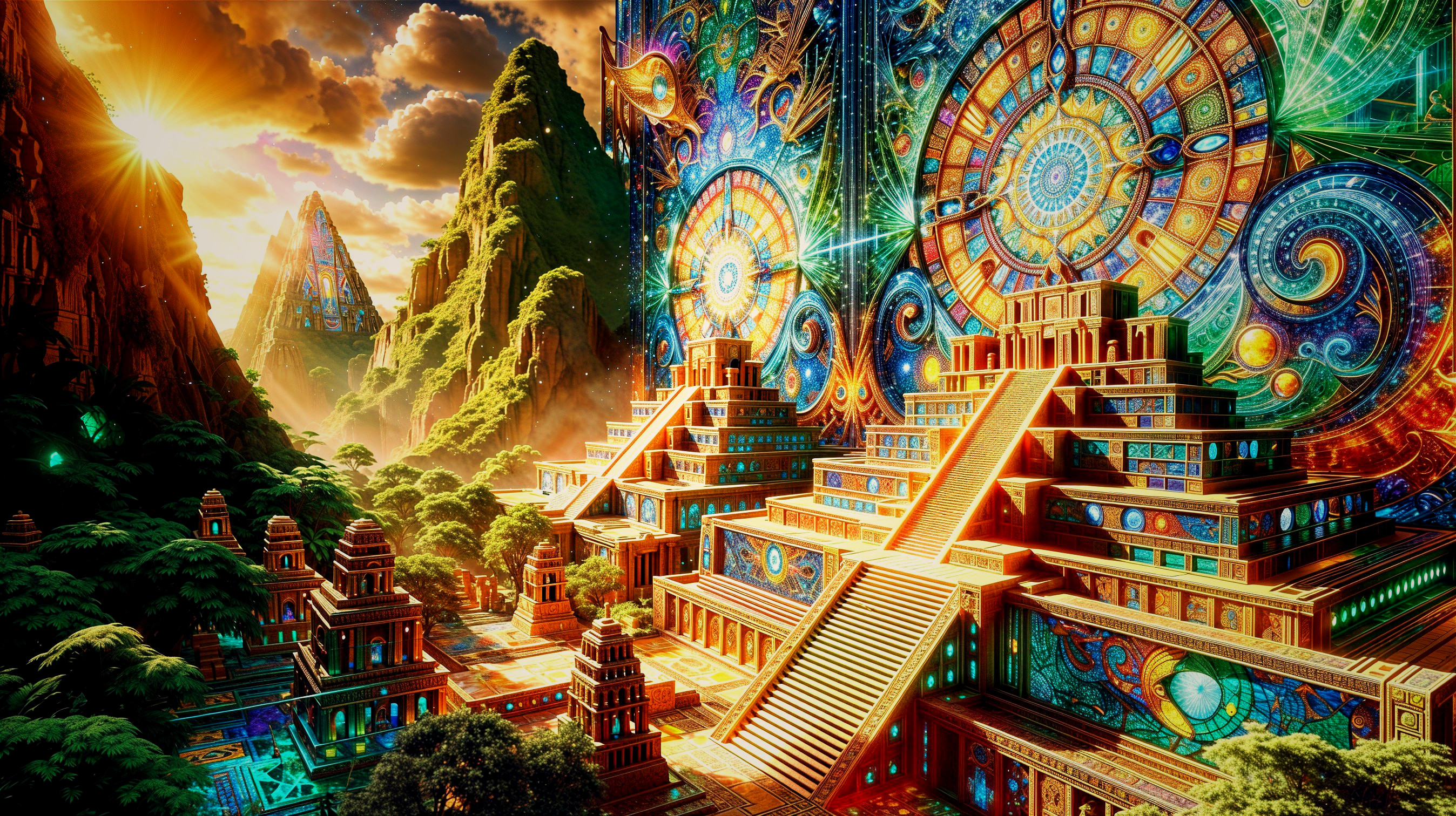 Vibrant Landscape with Pyramids and Majestic Mountains