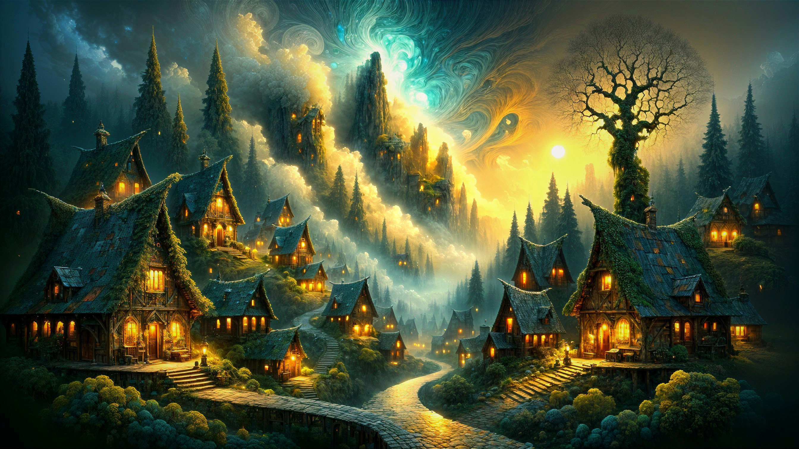 Mystical Village Surrounded by Mountains and Trees