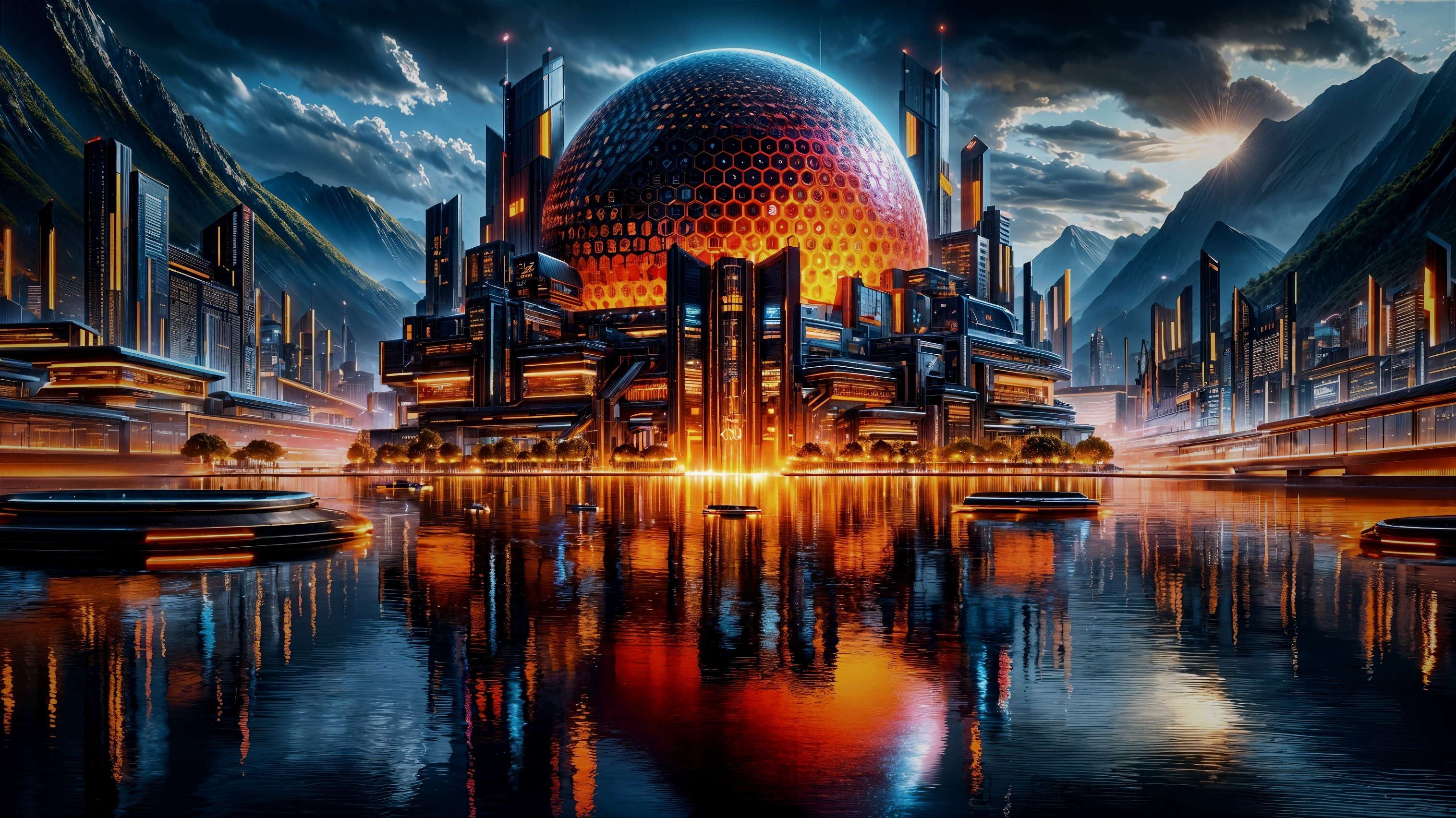 Futuristic cityscape with glowing dome and serene lake