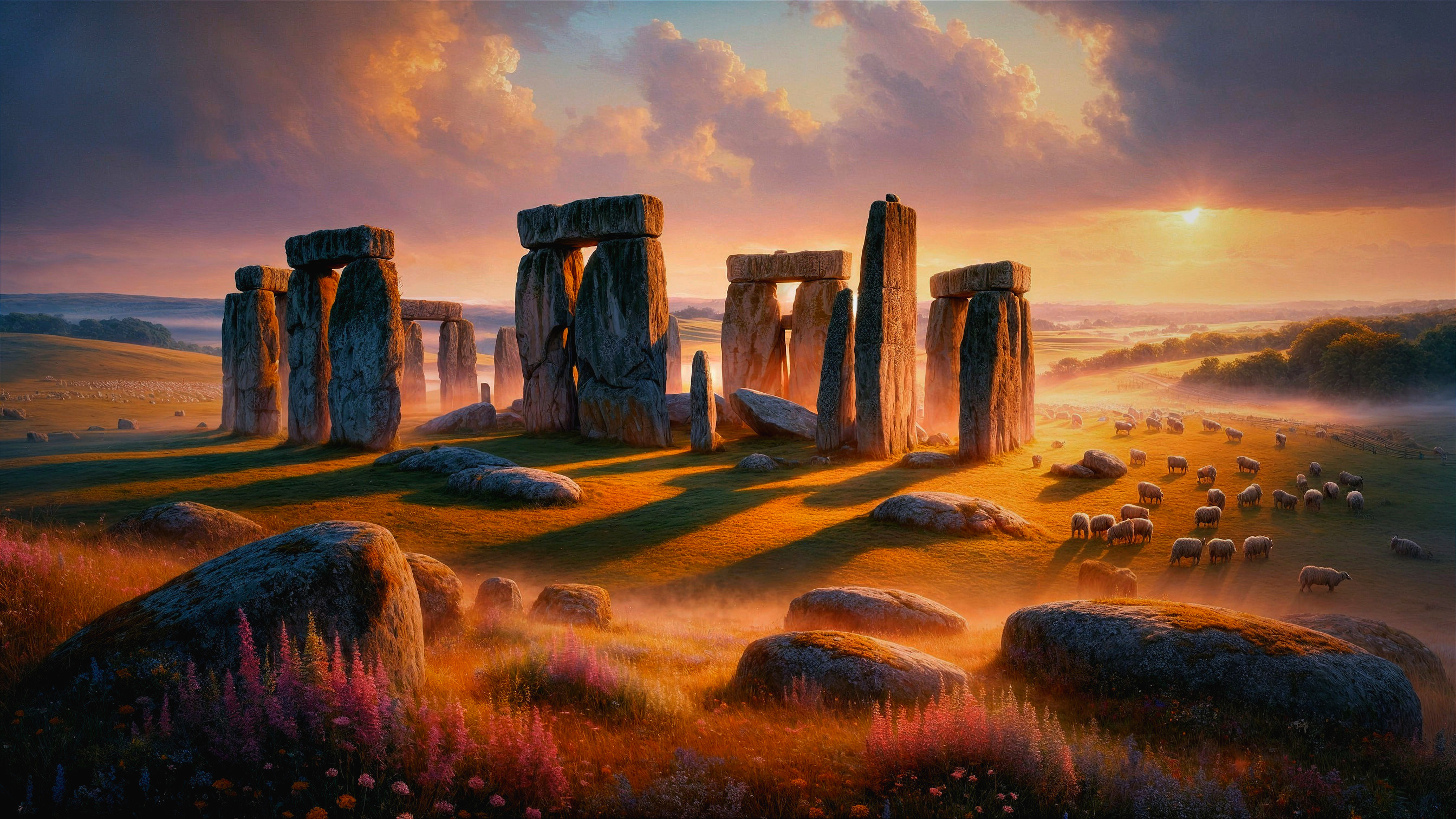 Stonehenge at Sunset with Pastoral Landscape and Sheep